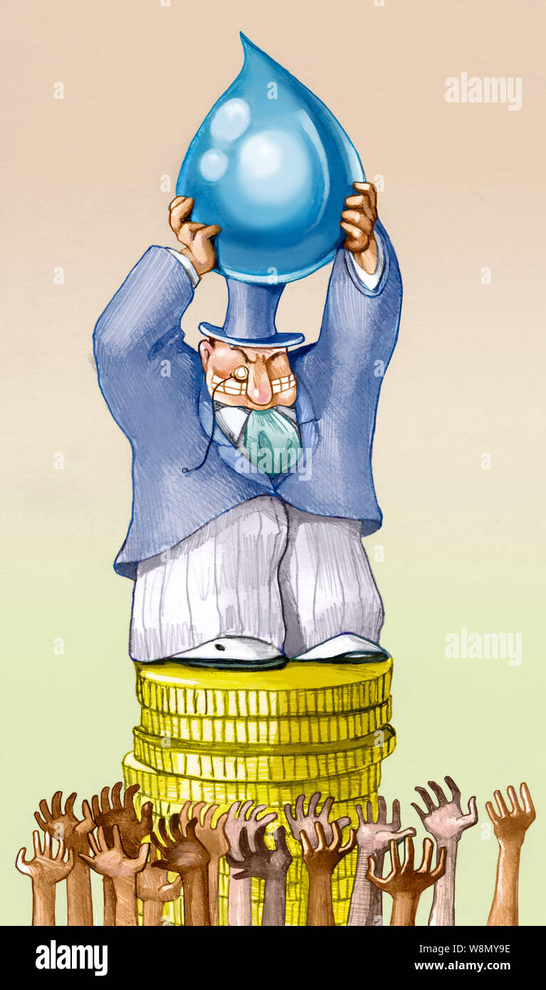 Ricco banchiere alta su una torre di monete tiene lontano dalla gente assetata di una grande goccia d acqua cartoon politico allegoria della matita watergrabbing disegnare Foto Stock