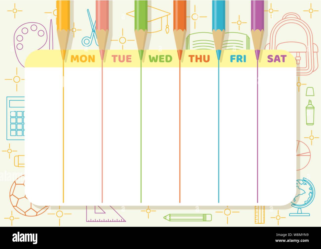 Orario Scolastico con matite di colore disegnare linee colorate su carta giallo chiaro con la scuola e gli elementi della classe line art Illustrazione Vettoriale