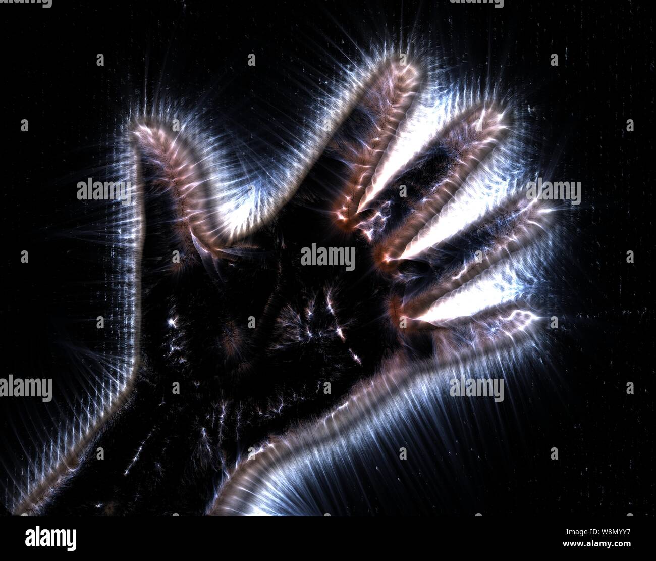 Kirlian aura la fotografia di un incandescente femmina umana mano che mostra i diversi simboli e mostra delle mani Foto Stock