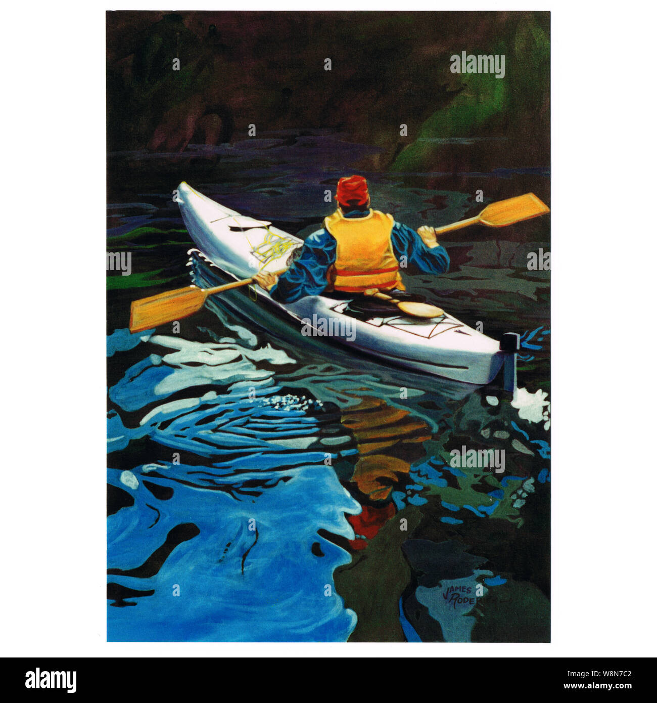 Kayaker con red cappello da baseball jean giacca bianco kayak pagaie in tenebre lasciando pool di vorticazione del blu nella sua scia Foto Stock