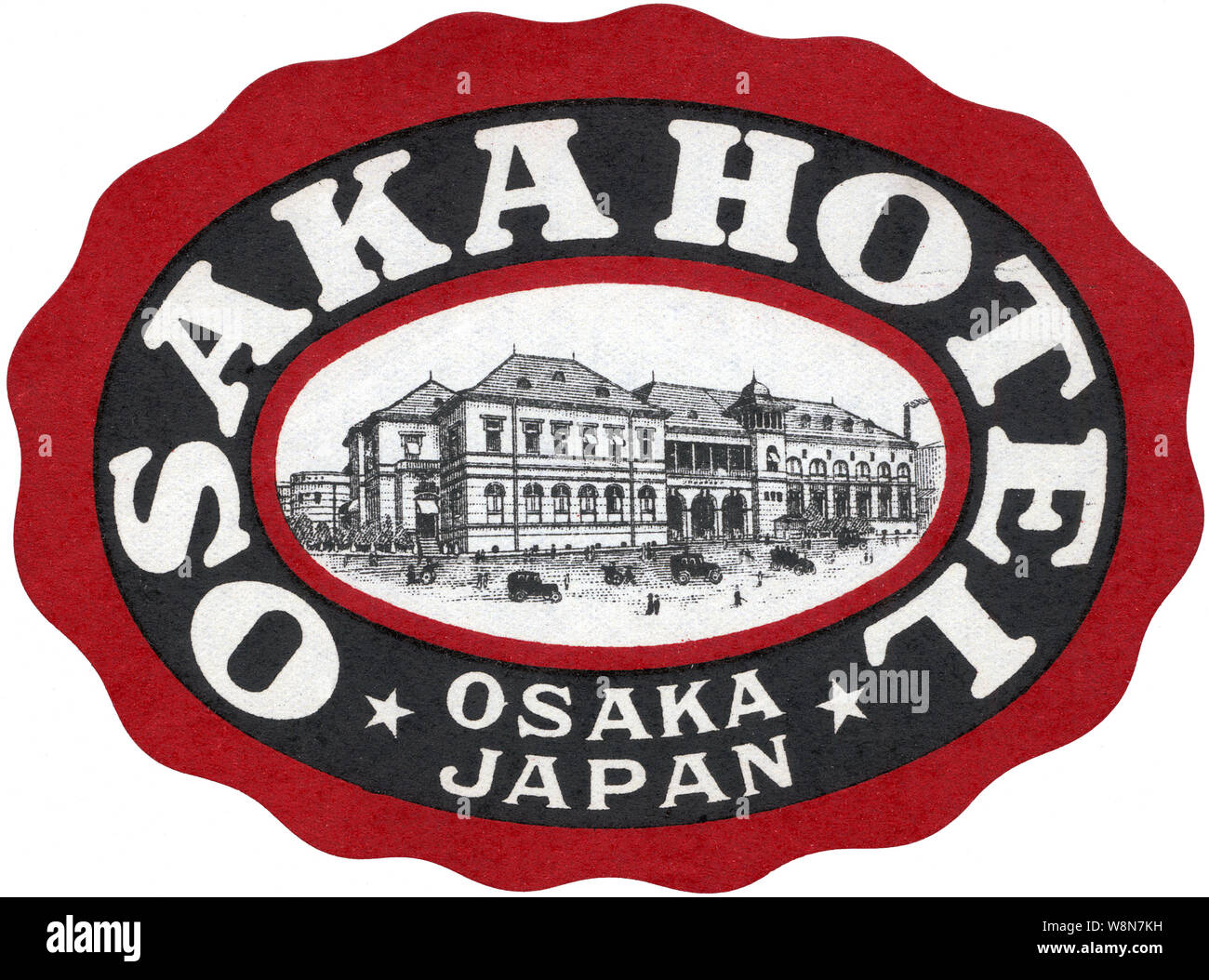 [ 1910s Giappone - etichetta bagaglio di Western-Style hotel in Osaka ] - etichetta bagaglio per il Hotel di Osaka in Nakanoshima, Osaka. L'Hotel di Osaka è stata Osaka il premier Western hotel. Si è aperto nel 1881 (Meiji 14) come l'Hotel Jiyutei (自由亭ホテル). Nel 1895 (Meiji 28) è stato rinominato Hotel di Osaka. Xx secolo vintage etichetta bagaglio. Foto Stock