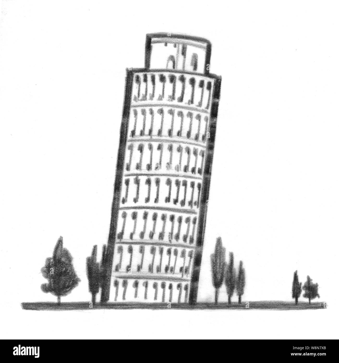 Torre che è inclinato su un lato è circondato da alberi e nuvole Foto Stock