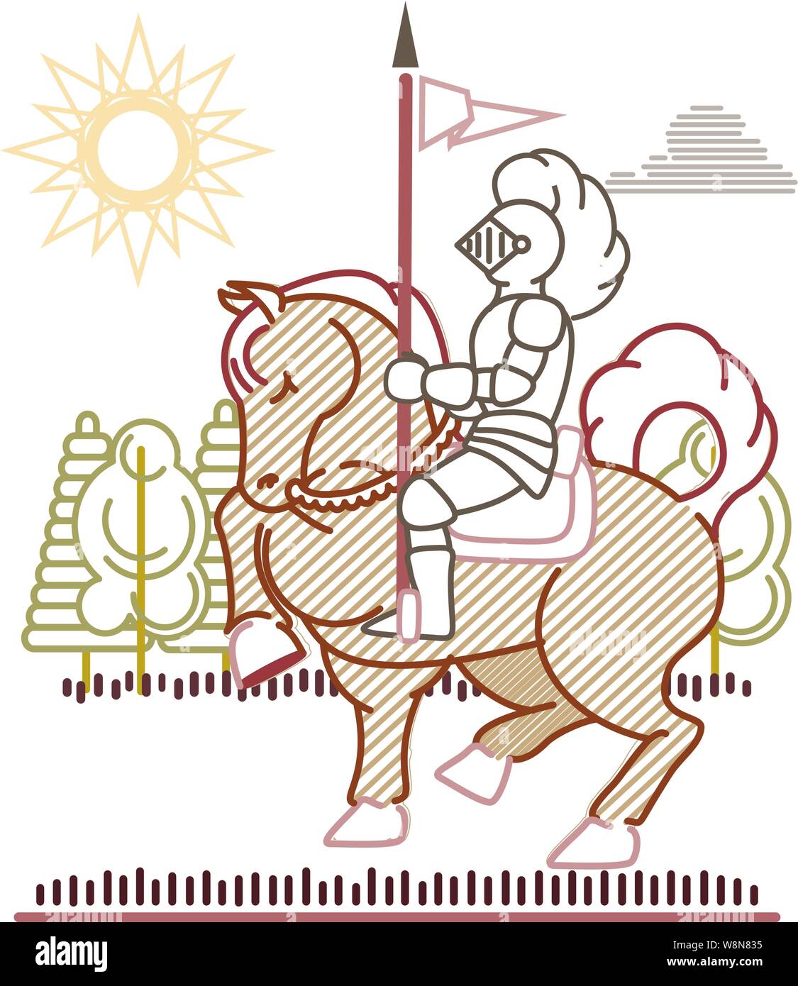 Cavaliere a cavallo con uno standard a volare su una lancia. Un grafico sun e gli alberi in background Illustrazione Vettoriale