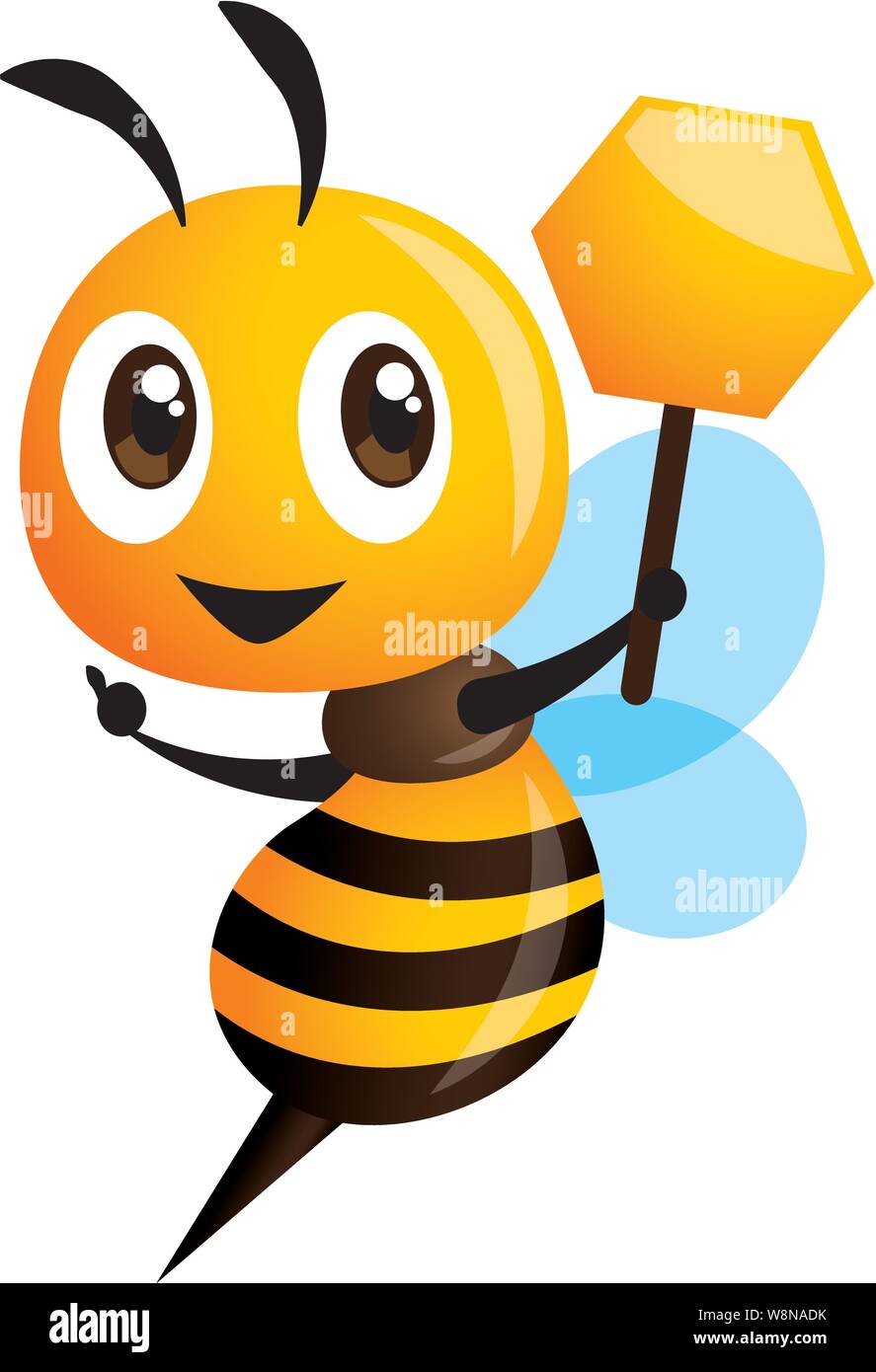 Cartoon carino bee puntamento e tenendo un segnaletica. illustrazione vettoriale isolato Illustrazione Vettoriale