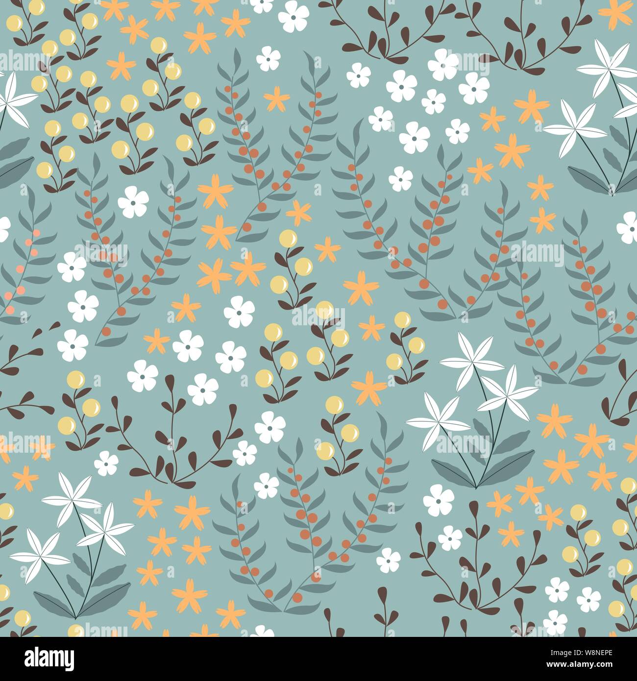 Vettore seamless floral pattern con piatto astratto doodle elementi quali piante, fiori, frutti di bosco e prato. Foresta sullo sfondo della natura Illustrazione Vettoriale