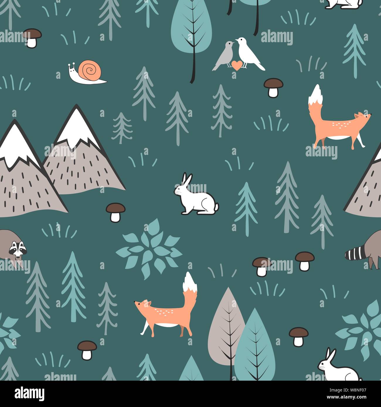 Scandinavian cartoon seamless pattern con gli animali, gli alberi, i funghi e le montagne. Sfondo carino per i bambini, tessuto, design di vestiti, biancheria da letto Illustrazione Vettoriale