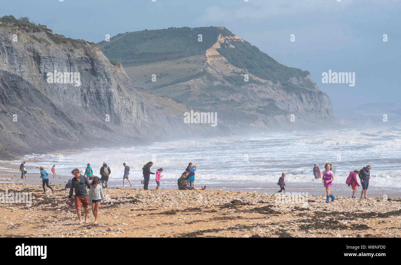Charmouth, Dorset, Regno Unito. Il 10 agosto 2019. Meteo REGNO UNITO: vacanzieri avventurarvi in un blustery giornata al villaggio sul mare di Charmouth come unseasonably strong a sud-ovest si snoda continuano ad impasto lungo la costa sud occidentale il sabato pomeriggio. Le condizioni tempestose non scoraggiare i cacciatori di fossili sulla spiaggia Charmouth. Credito: Celia McMahon/Alamy Live News. Foto Stock