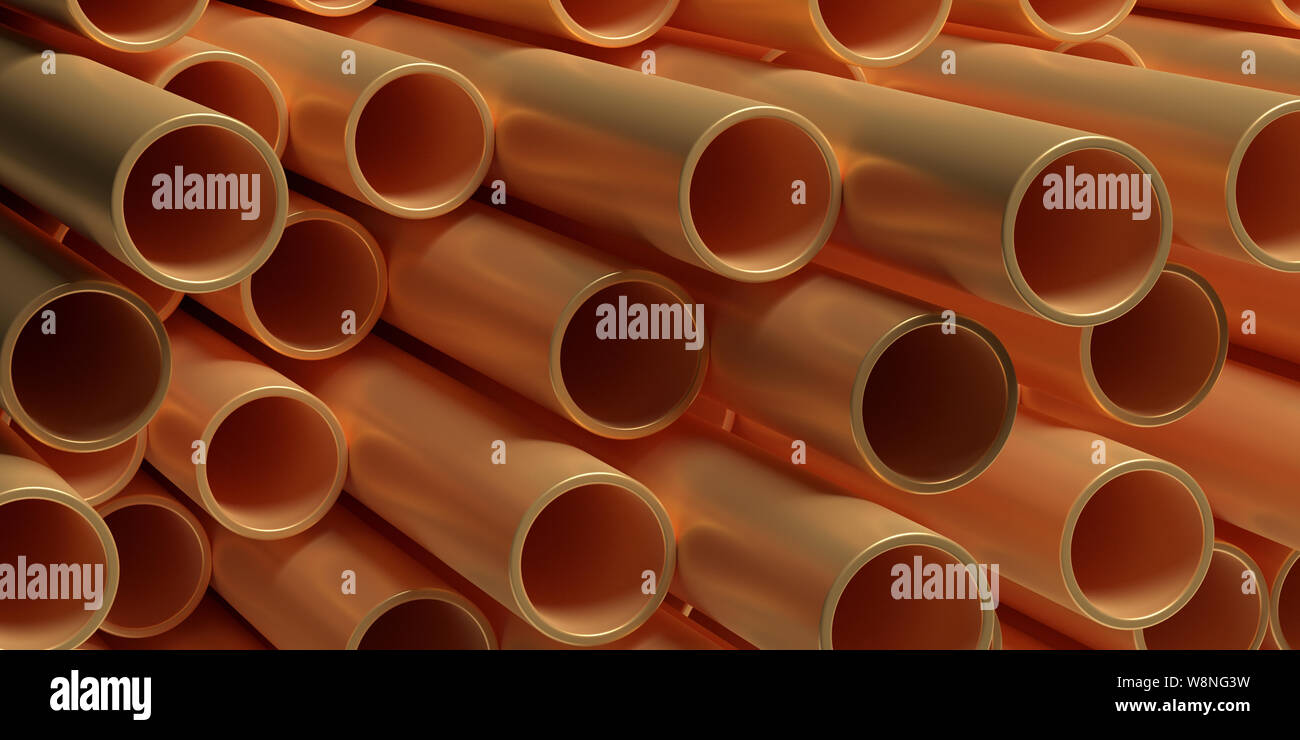Tubi di rame Tubi dello sfondo. La forma rotonda tubazioni metalliche impilate, prodotti per servizi di utilità, industria edilizia. 3d illustrazione Foto Stock