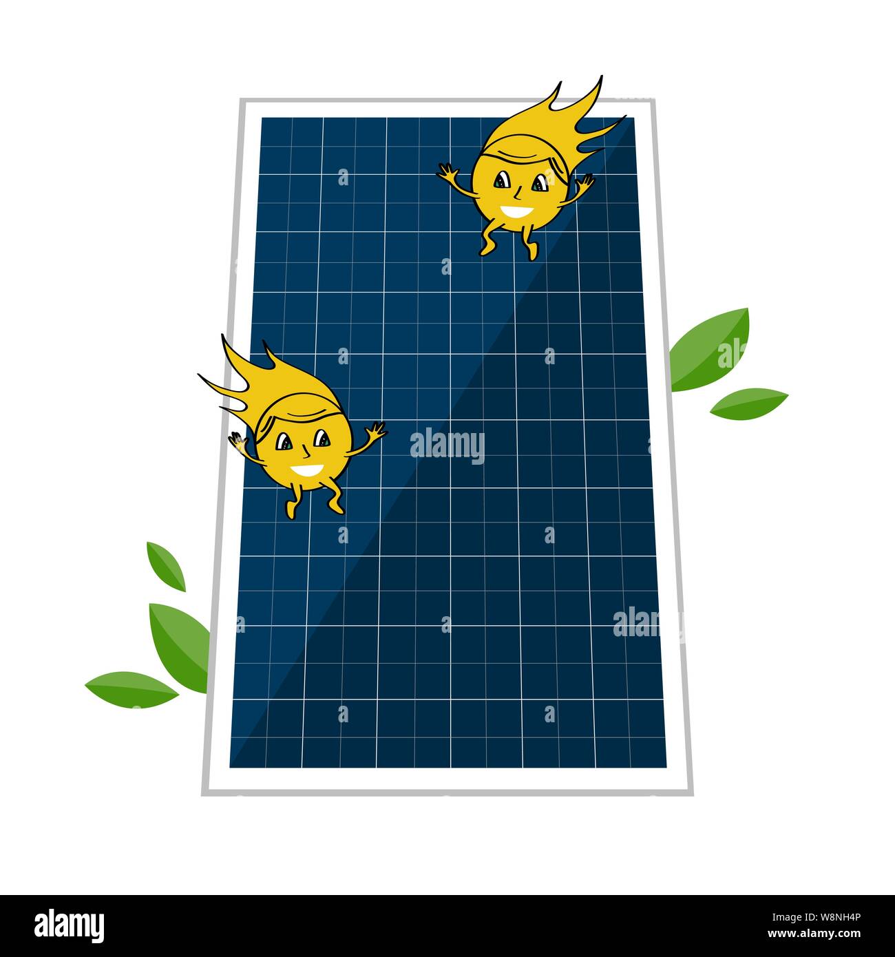 Sollar pastella e due sole simpatici personaggi del fascio. Energia solare e di concetto di potenza per salvare l'ambiente. Alternative di fonte di energia rinnovabile Illustrazione Vettoriale