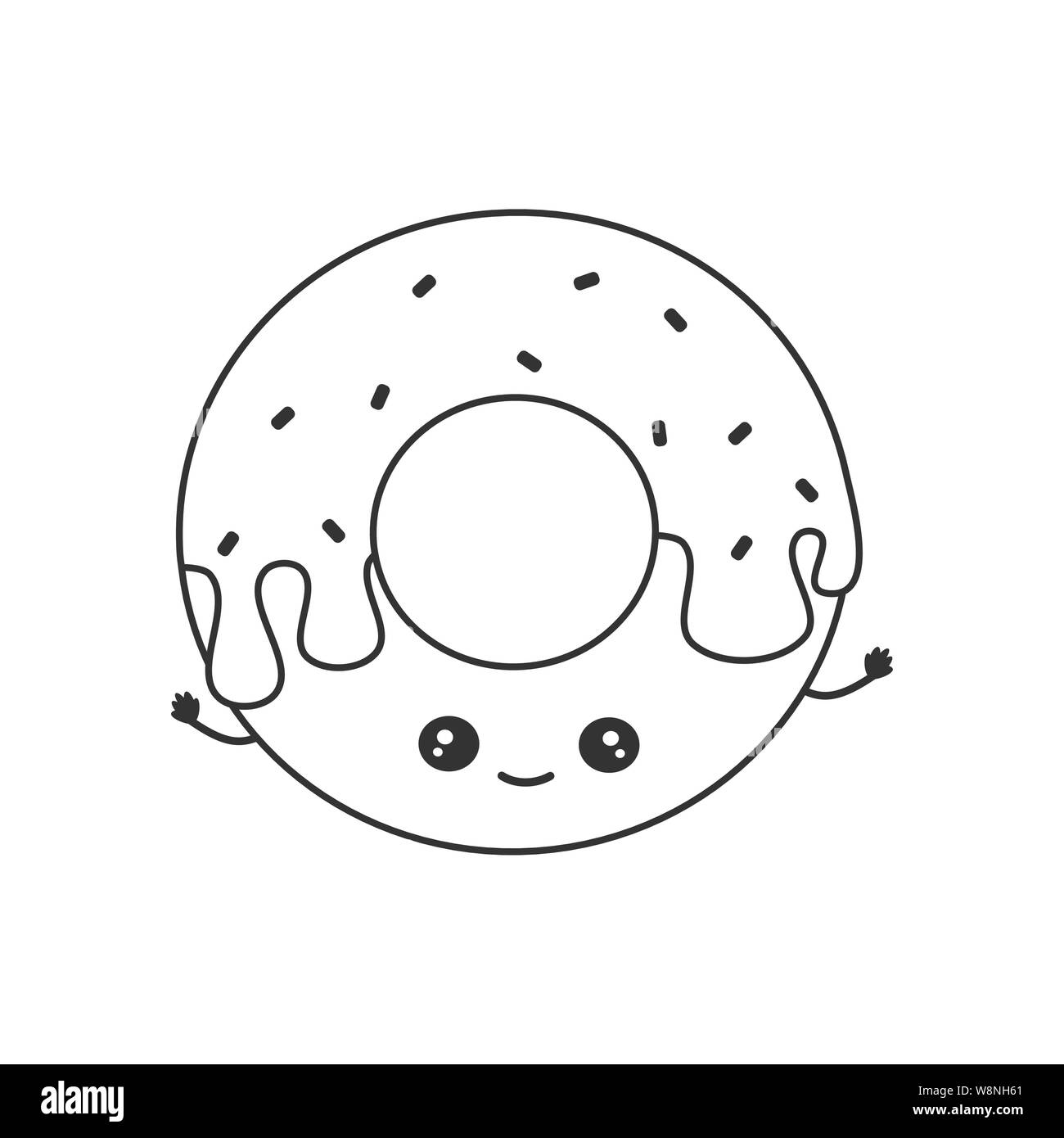 Cartoon carino in bianco e nero illustrazione vettoriale con carattere di ciambella per la colorazione di arte Illustrazione Vettoriale