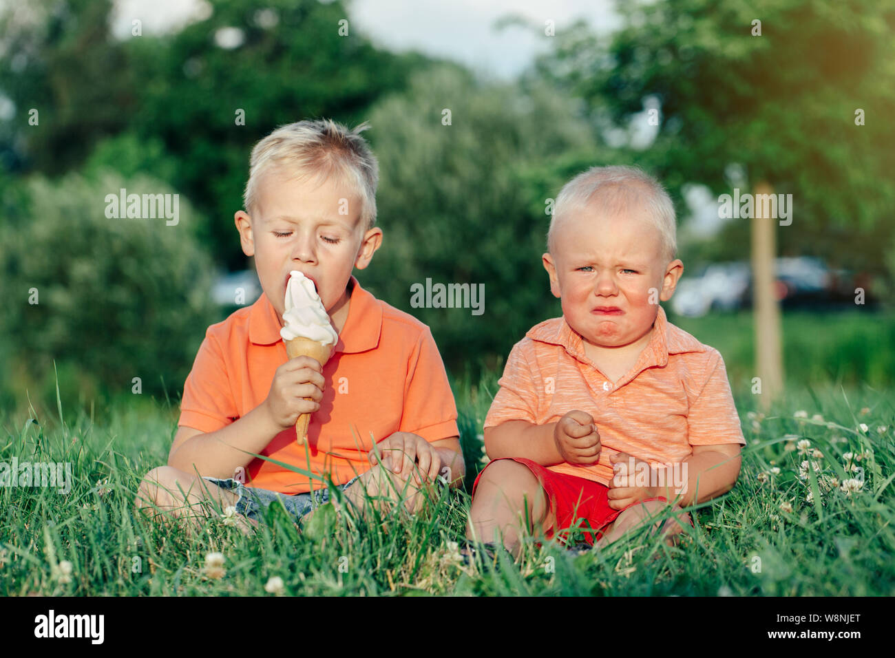 Due caucasica bambini divertenti ragazzi fratelli seduti insieme la condivisione di mangiare un gelato. Il Toddler più giovane pianto del bambino e il fratello più anziano teasing lui. L Foto Stock