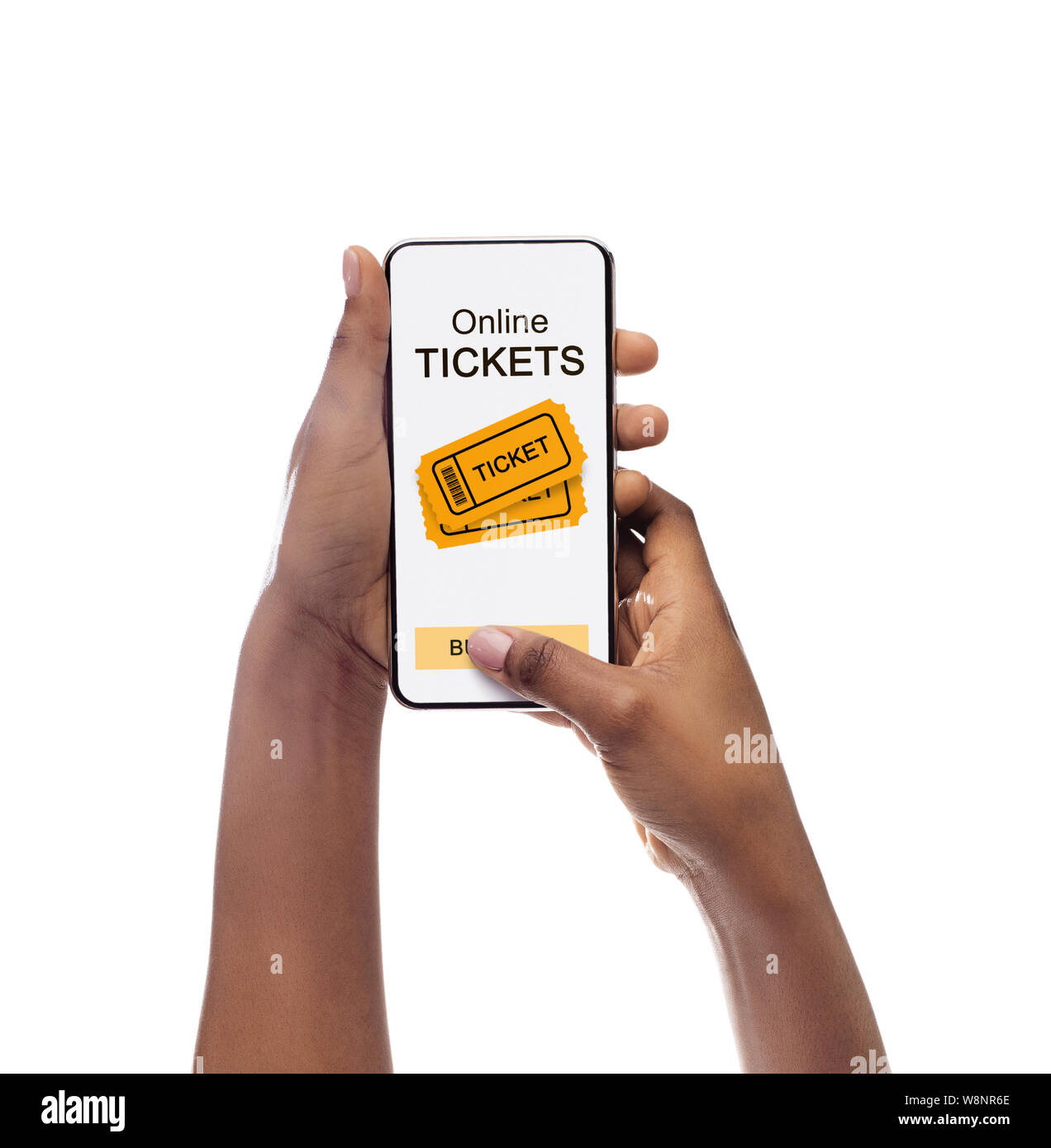 I biglietti per gli eventi Applicazione sul cellulare schermo in bianco e nero la ragazza le mani Foto Stock