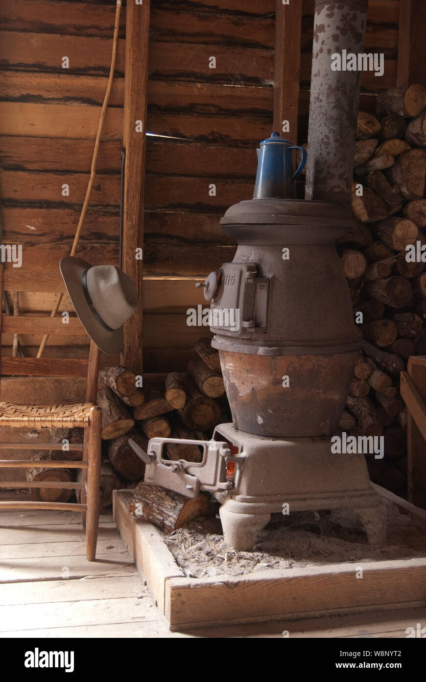 Inizio storico cabina Ranger e stufa a legna nel Parco Nazionale di Great Smoky Mountains. Foto Stock