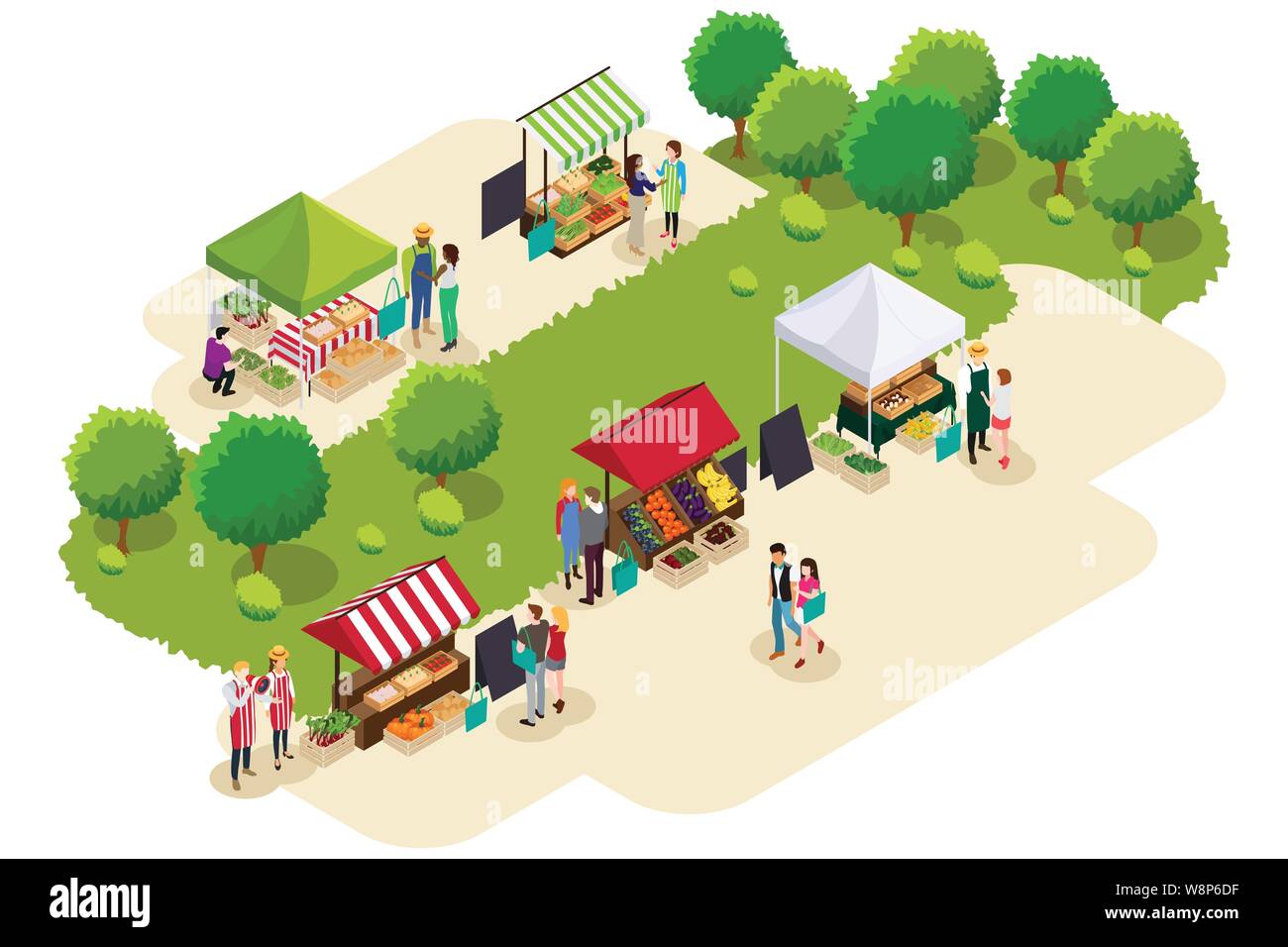 Un vettore illustrazione isometrica di di persone lo Shopping al Mercato degli Agricoltori Illustrazione Vettoriale