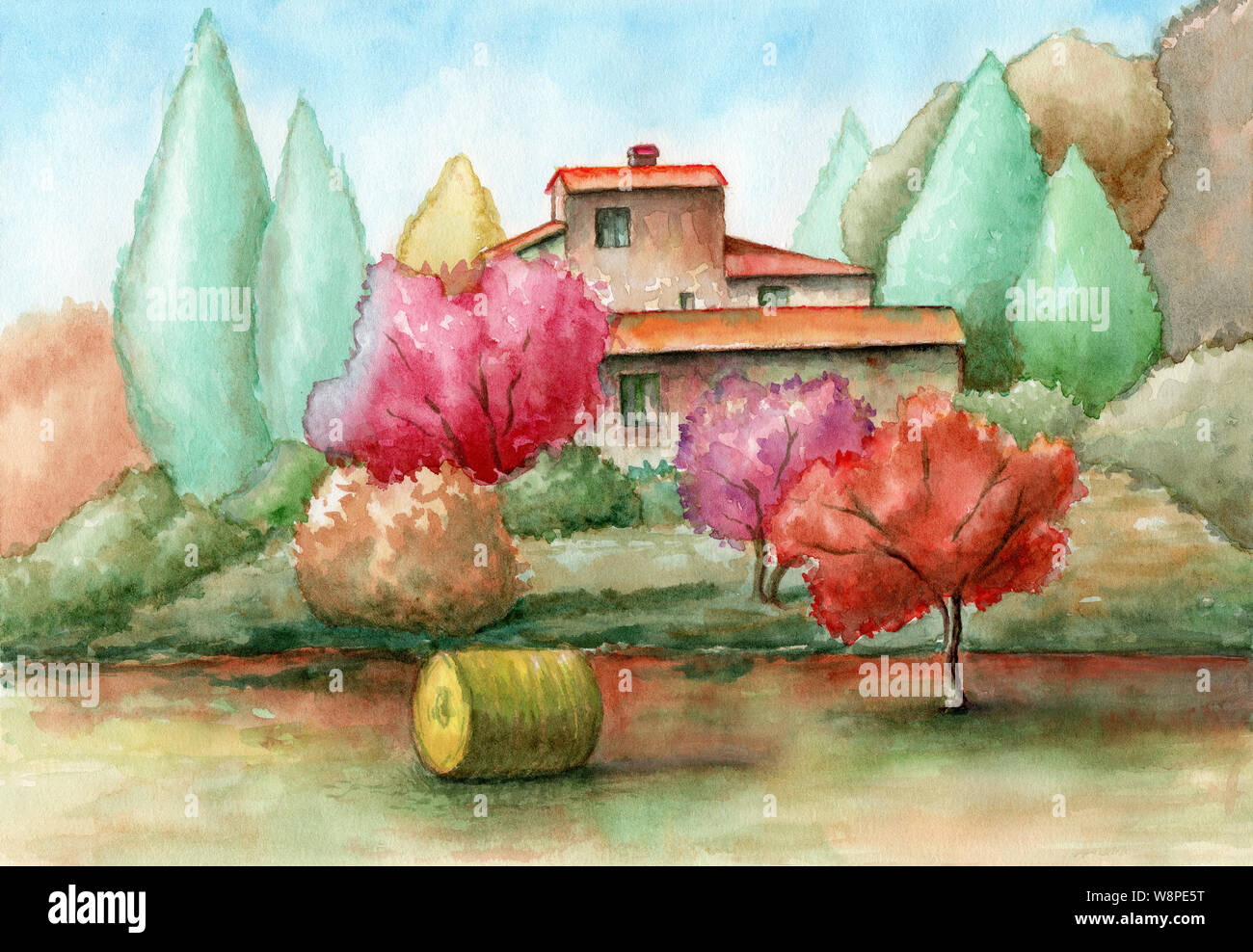 Ladscape rurale con un vecchio ranch e alcuni coloratissima vegetazione. Illustrazione ad acquerello. Foto Stock