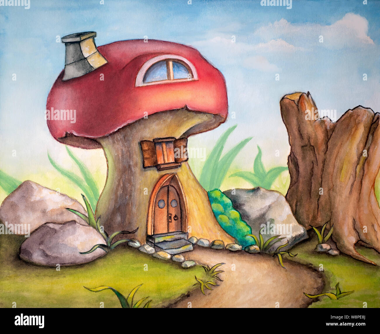 Carino casa di funghi in un paesaggio soleggiato. Illustrazione ad acquerello. Foto Stock