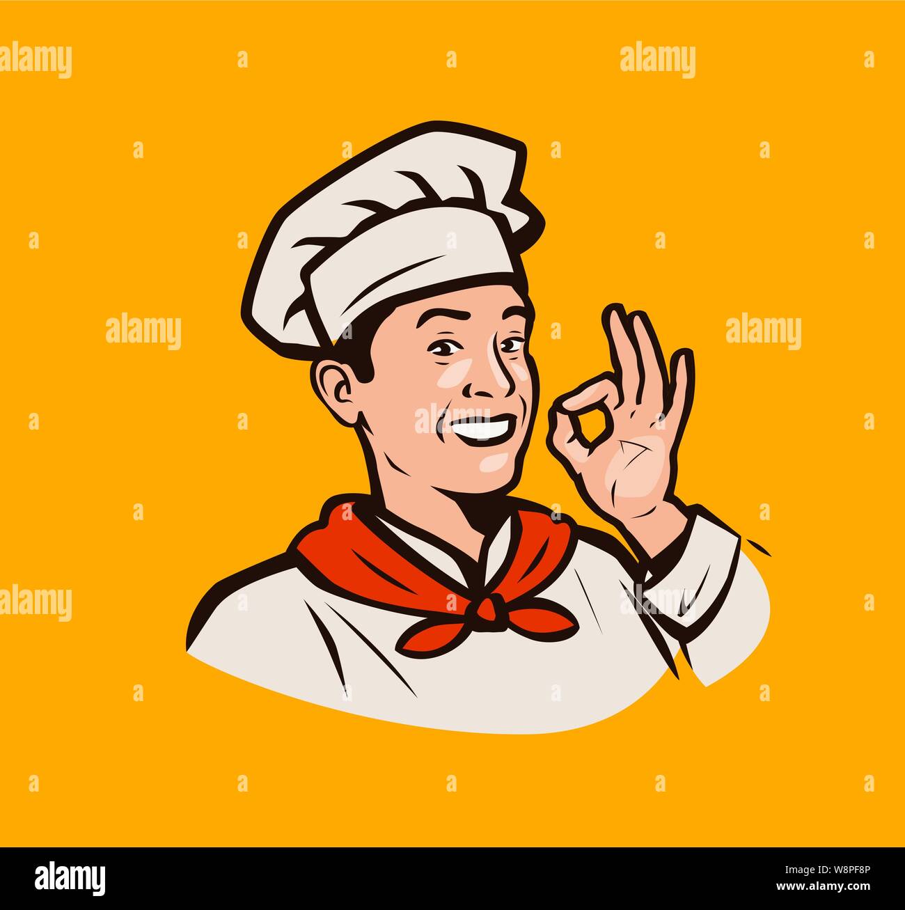 Funny chef. La cottura, il menu del ristorante logo o etichetta. Cuocere illustrazione vettoriale Illustrazione Vettoriale