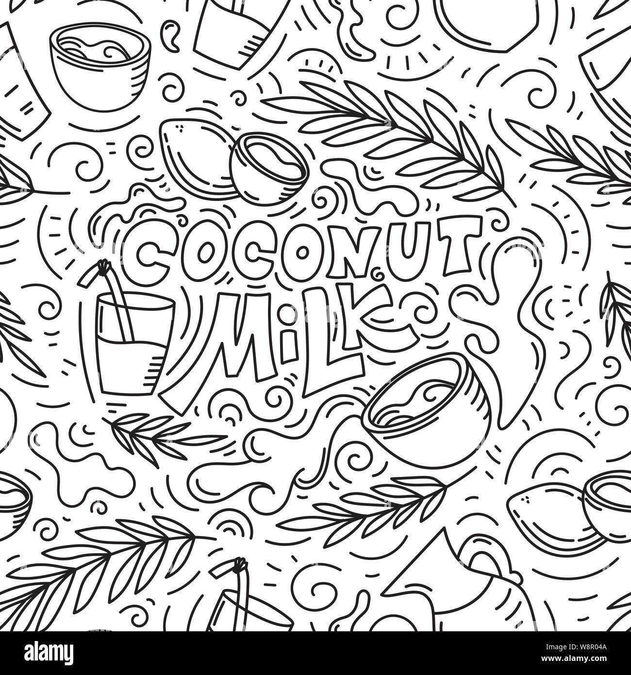 Modello senza giunture dello sfondo. Latte di cocco disegnati a mano scritte. Vetro con latte di cocco, di foglie e di un barattolo di vetro di latte. Doodle stile, in bianco e nero illustrazione vettoriale. Illustrazione Vettoriale Modello senza giunture dello sfondo. Latte di cocco disegnati a mano scritte. Vetro con latte di cocco, di foglie e di un barattolo di vetro di latte. Doodle stile, in bianco e nero illustrazione vettoriale. Illustrazione Vettoriale