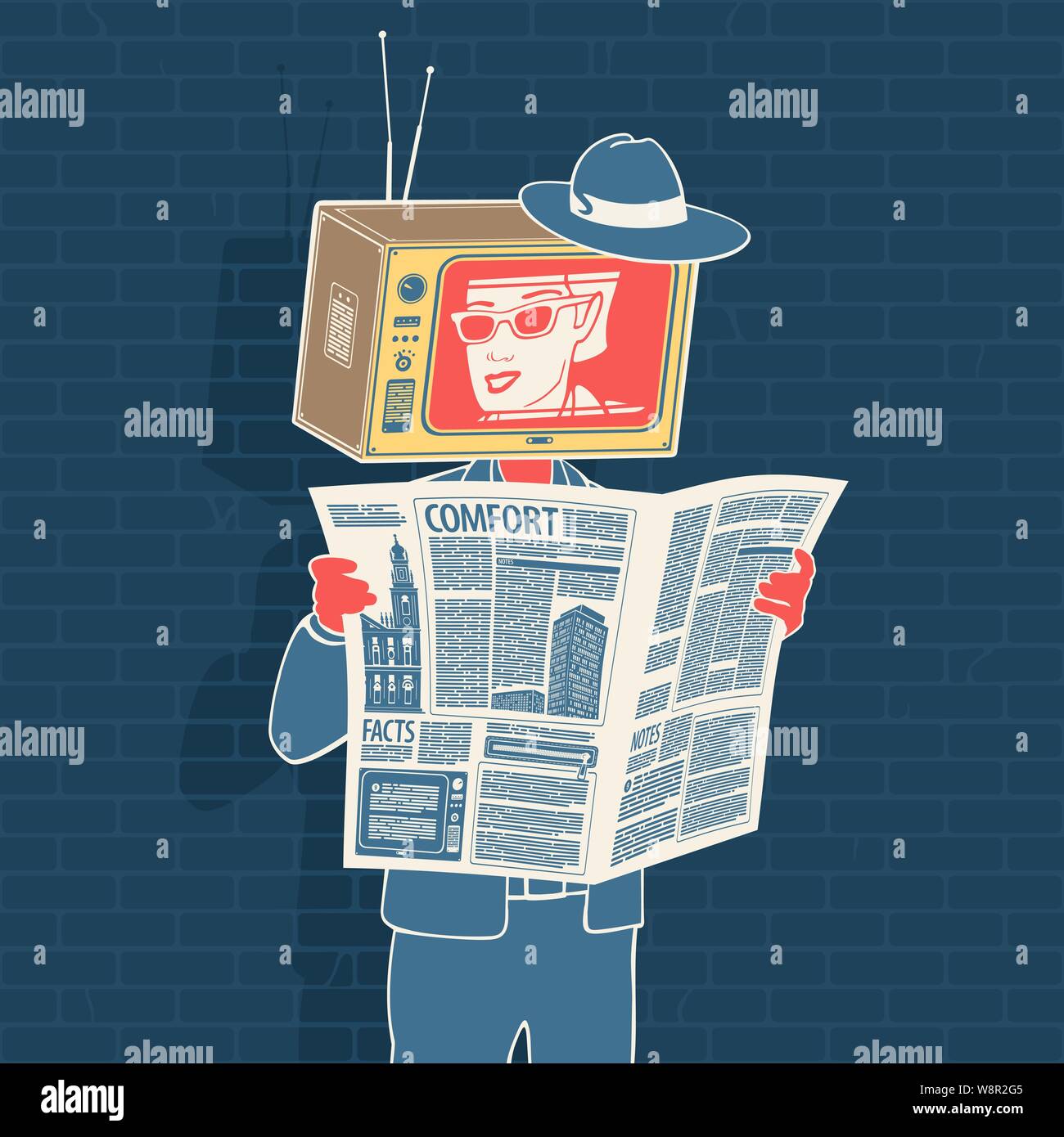 Uomo con giornali e TV di testa Illustrazione Vettoriale