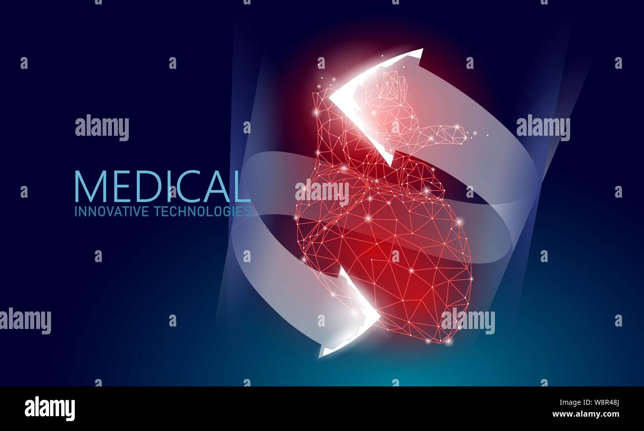 Totale del cuore sano picchia 3d bassa medicina poli concetto. Triangolo rosso farmacia farmacia in background. Frecce incandescente moderna tecnologia innovativa cuore Illustrazione Vettoriale