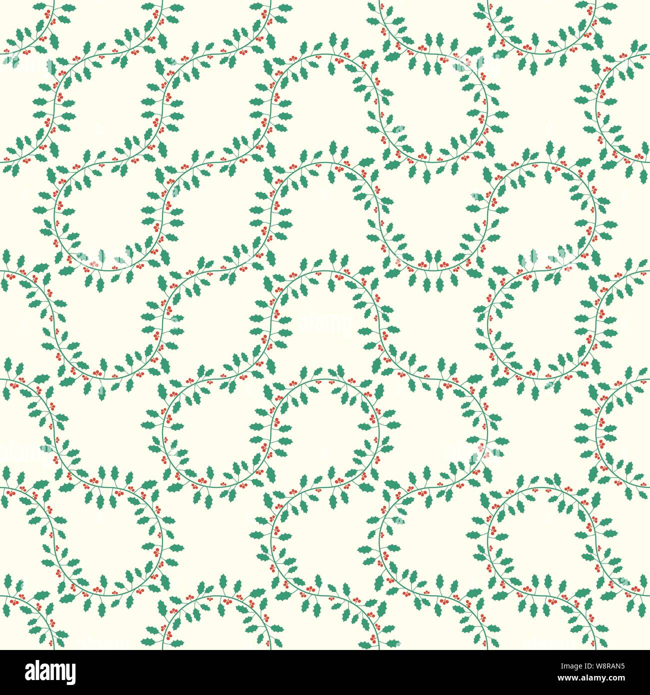 Natale agrifoglio e bacche geometrico modello senza cuciture in rosso, verde e crema. Stagionale vettore truchet ripetere design. Illustrazione Vettoriale