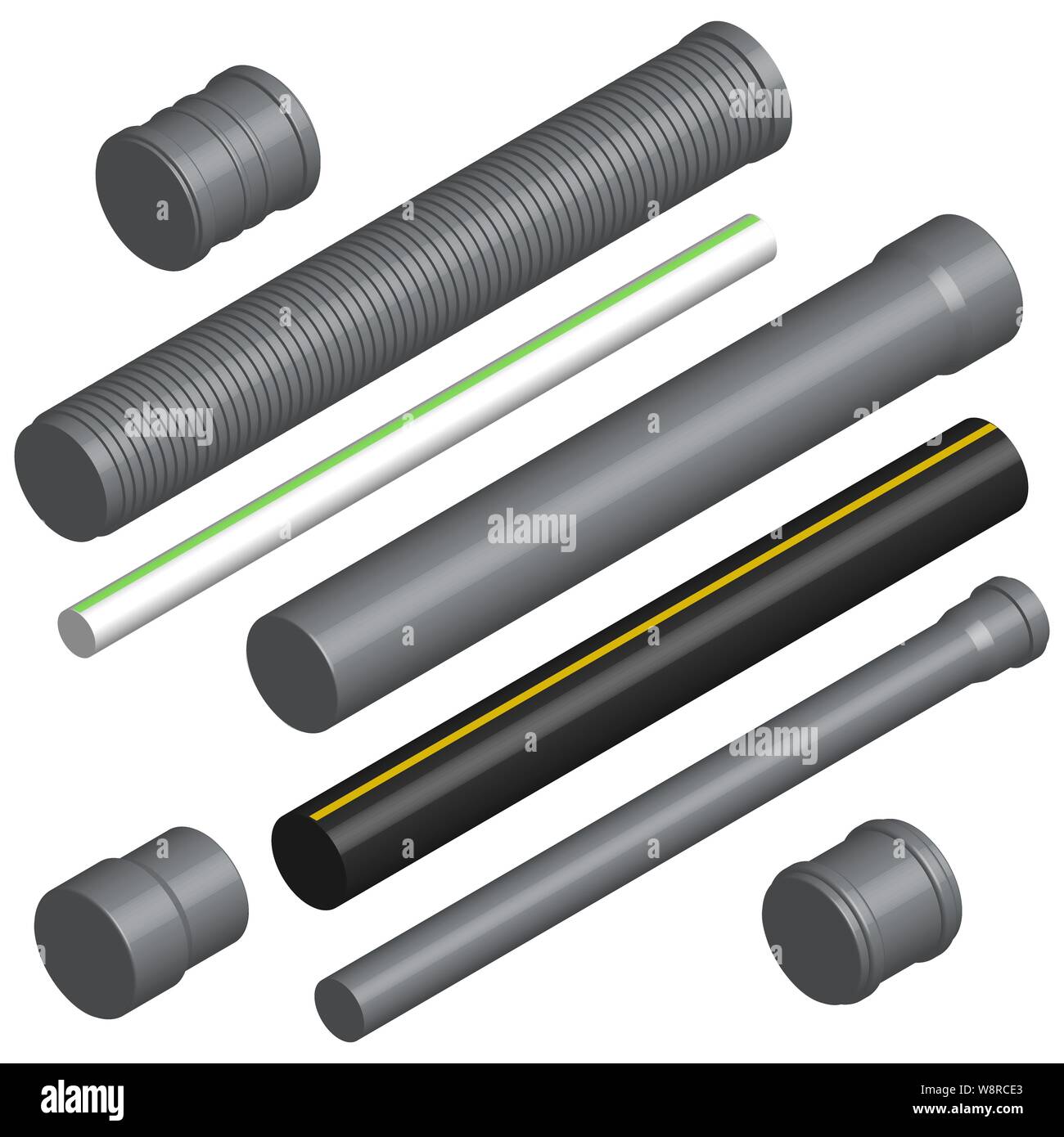 Set di vari tubi di plastica per le acque reflue, l'acqua tubo e flange di collegamento isolato su uno sfondo bianco. 3D isometrica stile, illustrazione vettoriale. Illustrazione Vettoriale