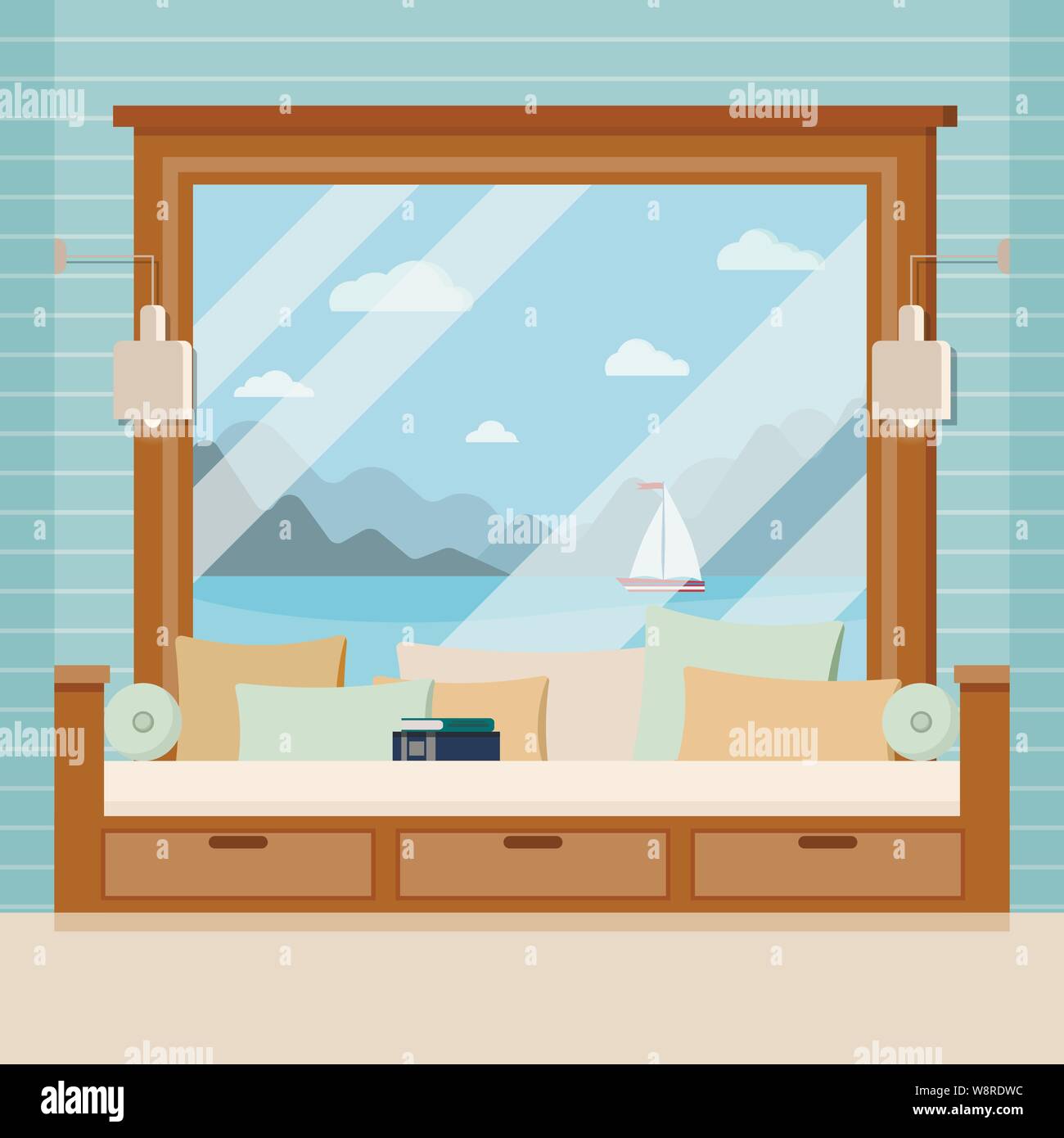 Camera in legno sul telaio di una finestra con libro e cuscini in cartoon stile piatto Illustrazione Vettoriale