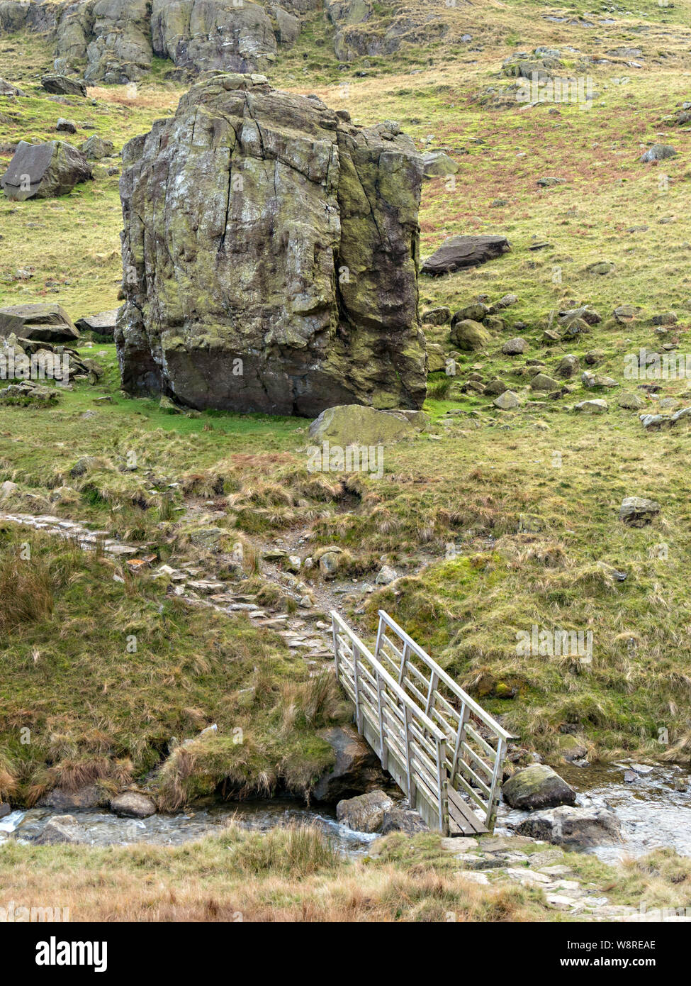 Il Footbridge e l'enorme "pudding" Pietra boulder Boulder in valle a Coniston cadde, Lake District, Cumbria, England, Regno Unito Foto Stock