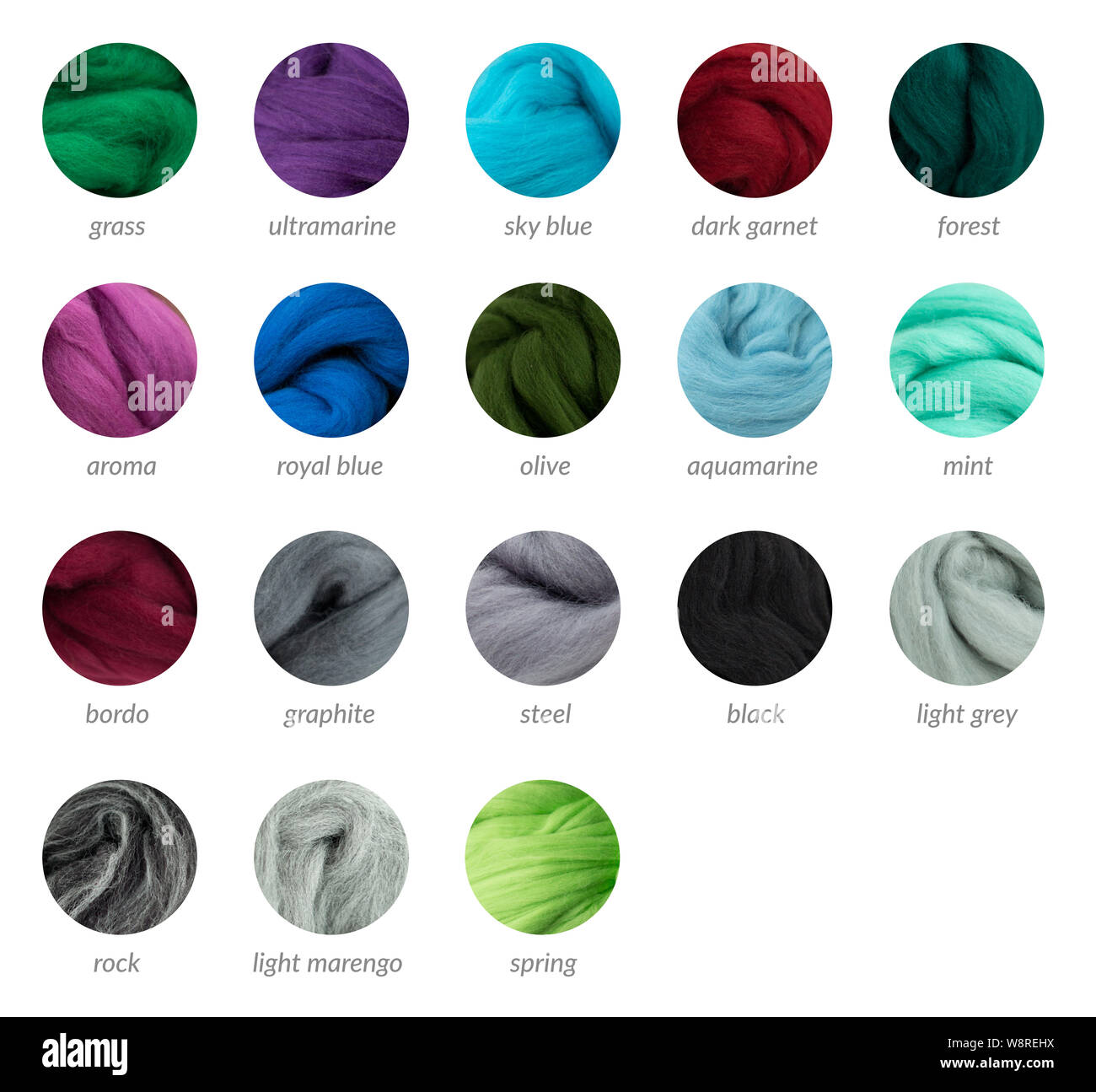 I colori freddi lana merinos guida tavolozza con titoli, round campioni su sfondo bianco Foto Stock