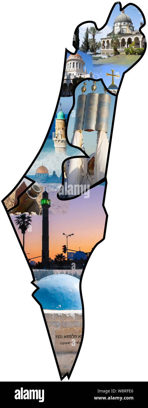 Migliorate digitalmente immagine di una mappa di Israele collage con immagini locali delle varie religioni che chiamare questo paese santo. Islam e Cristianesimo, Judai Foto Stock