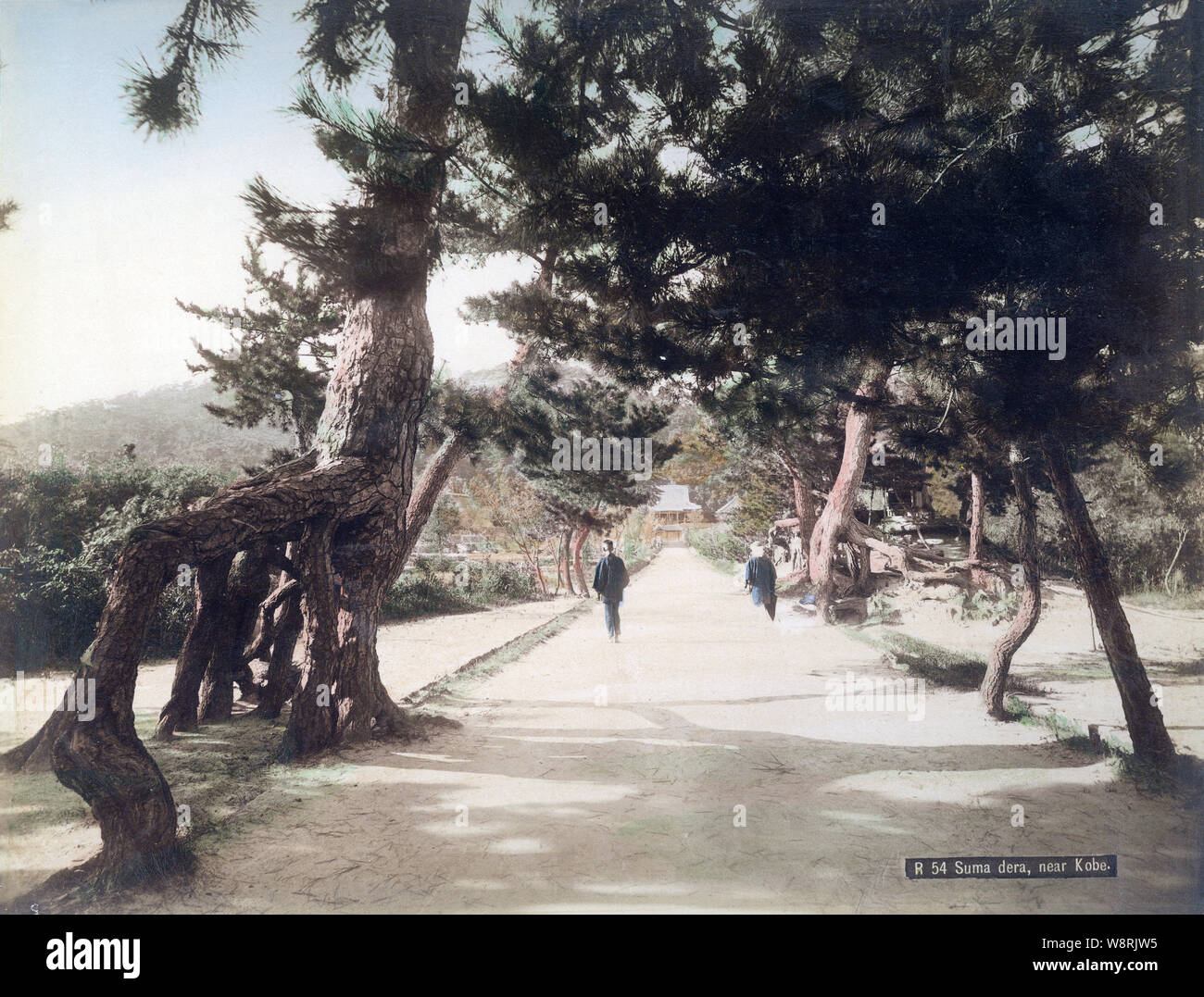 [ 1890 GIAPPONE - La strada per il tempio buddista a Kobe ] - Tempio Sumadera (須磨寺), tempio di testa del Sumadera setta del Buddismo Shingon, di Kobe, nella prefettura di Hyogo. Originariamente costruito nel 886, il nome ufficiale del tempio è di Joya-san Fukusho-ji (上野山福祥寺). Il tempio ha forti connessioni con il Genji e Heike Monogatari, opere classiche della letteratura giapponese. Xix secolo albume vintage fotografia. Foto Stock