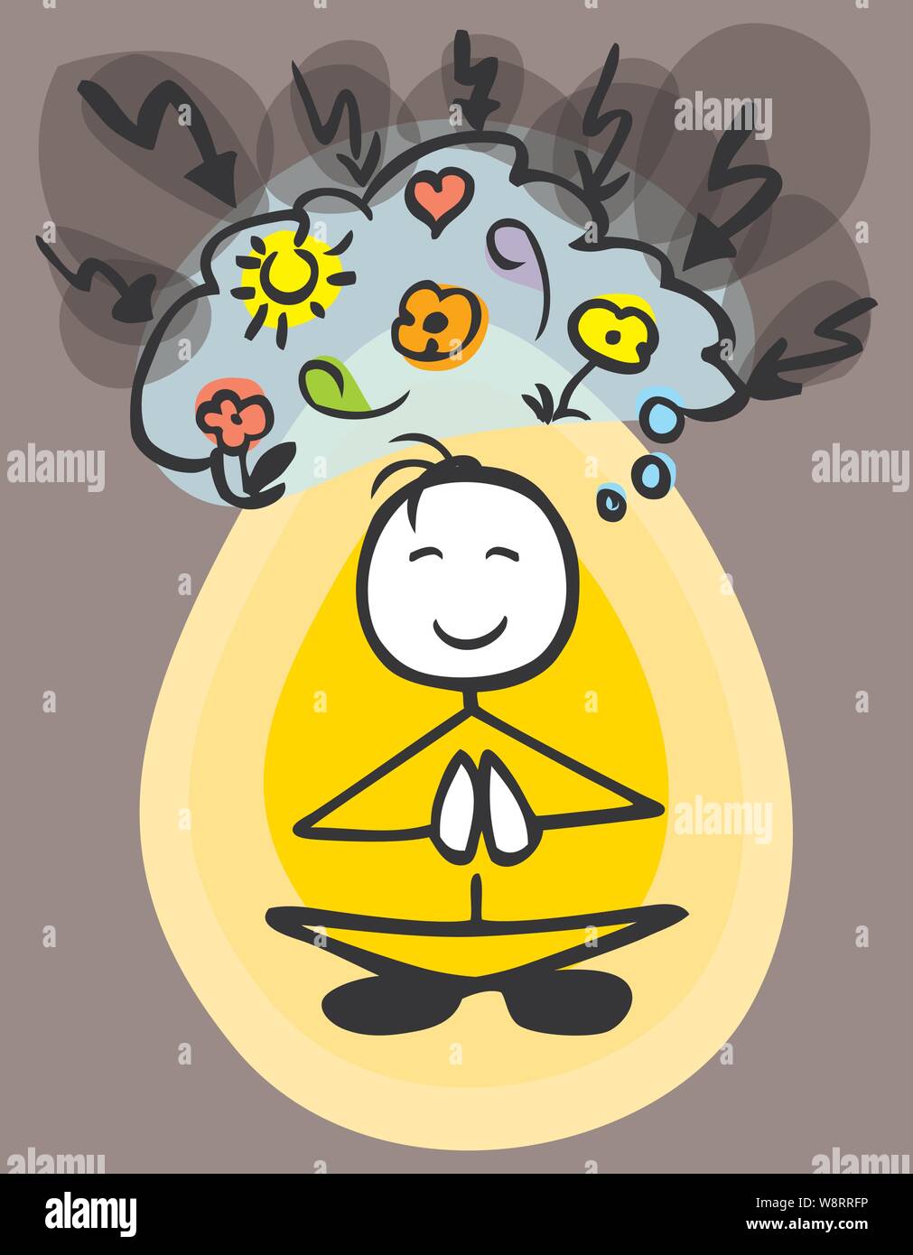 Meditando stickman usuale testa e un aura pensare positivo  colorato sfondo scuro da jziprian Illustrazione Vettoriale