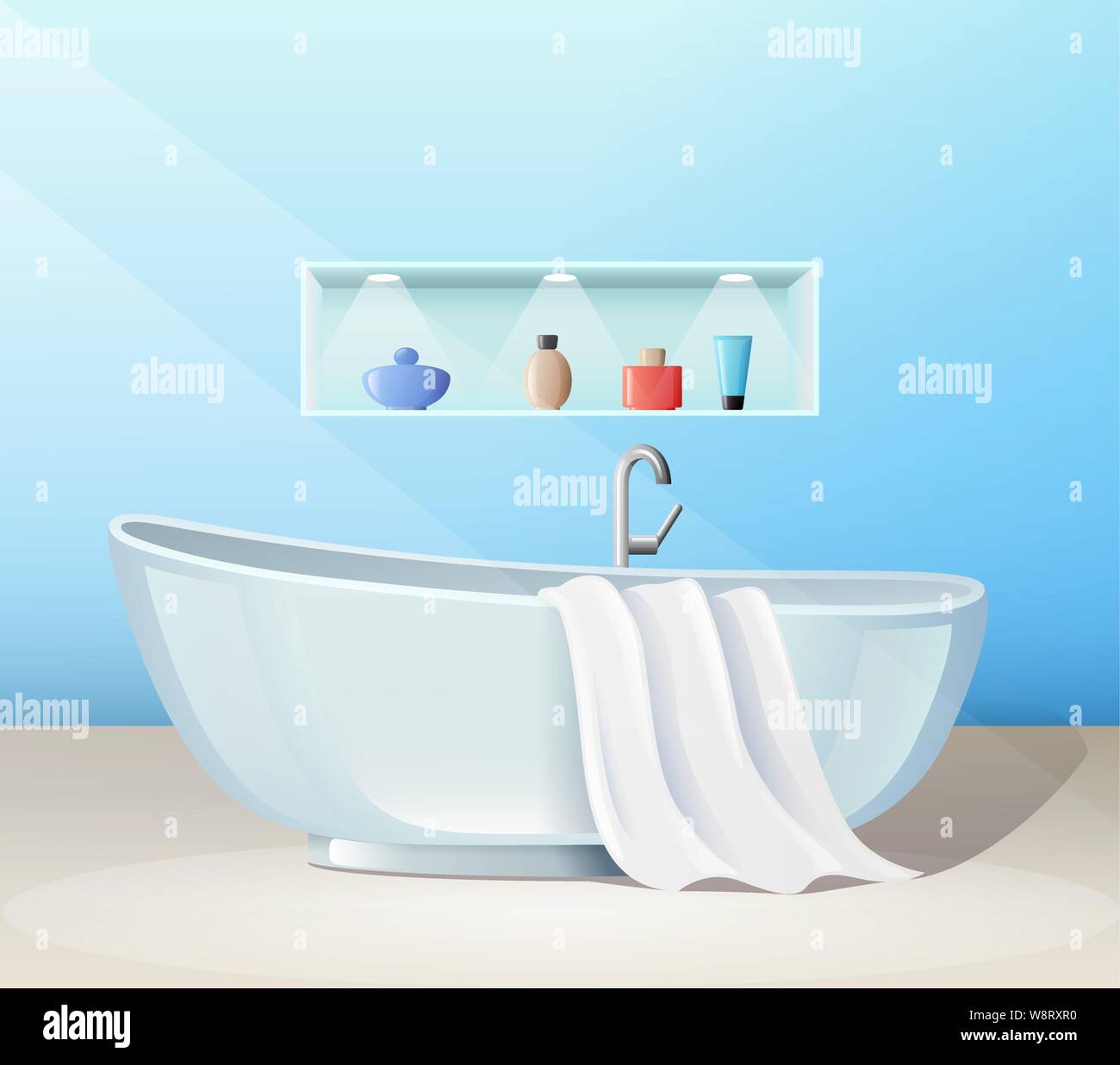 Moderno bagno interno con vasca da bagno e accessori, banner, illustrazione vettoriale. Illustrazione Vettoriale