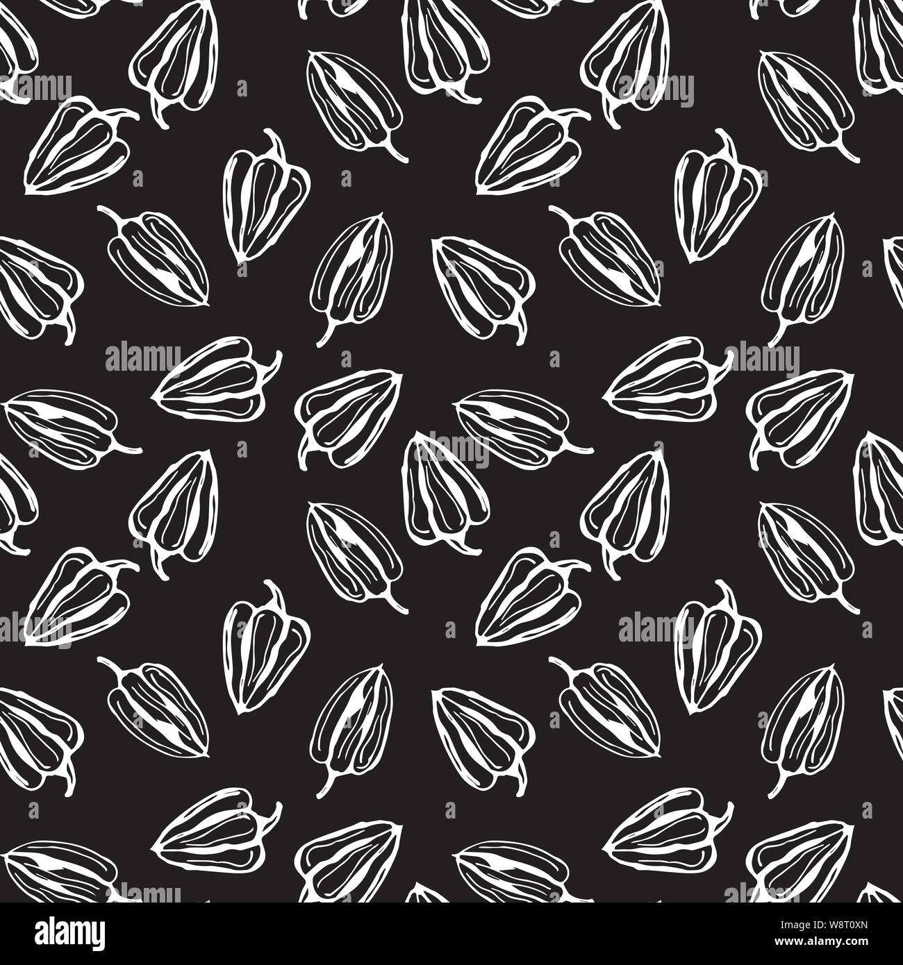 Il peperone vector seamless pattern. Sfondo nero con contorno bianco pepe Illustrazione Vettoriale