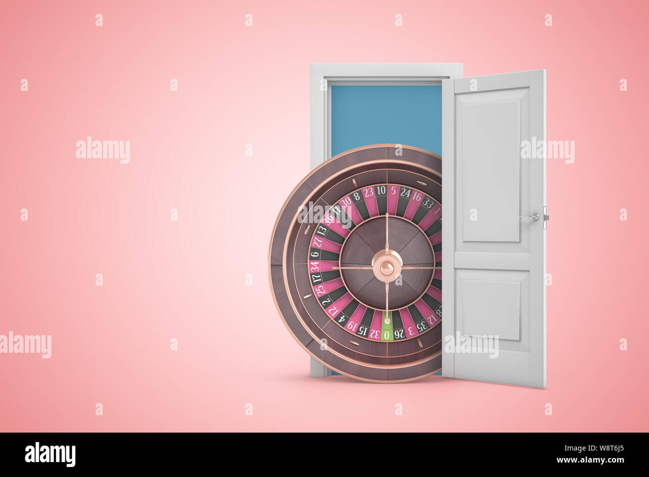 3D rendering della grande ruota casinò emergente dalla porta aperta sul rosa copyspace gradiente dello sfondo. Foto Stock