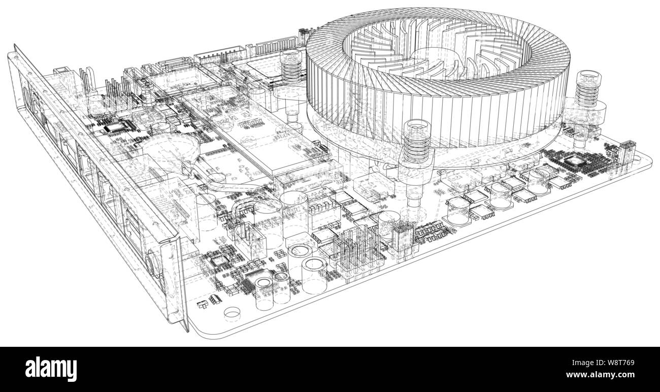 Scheda di circuito. Calcolatore elettronico tecnologia hardware. Vettore di rendering 3D Illustrazione Vettoriale