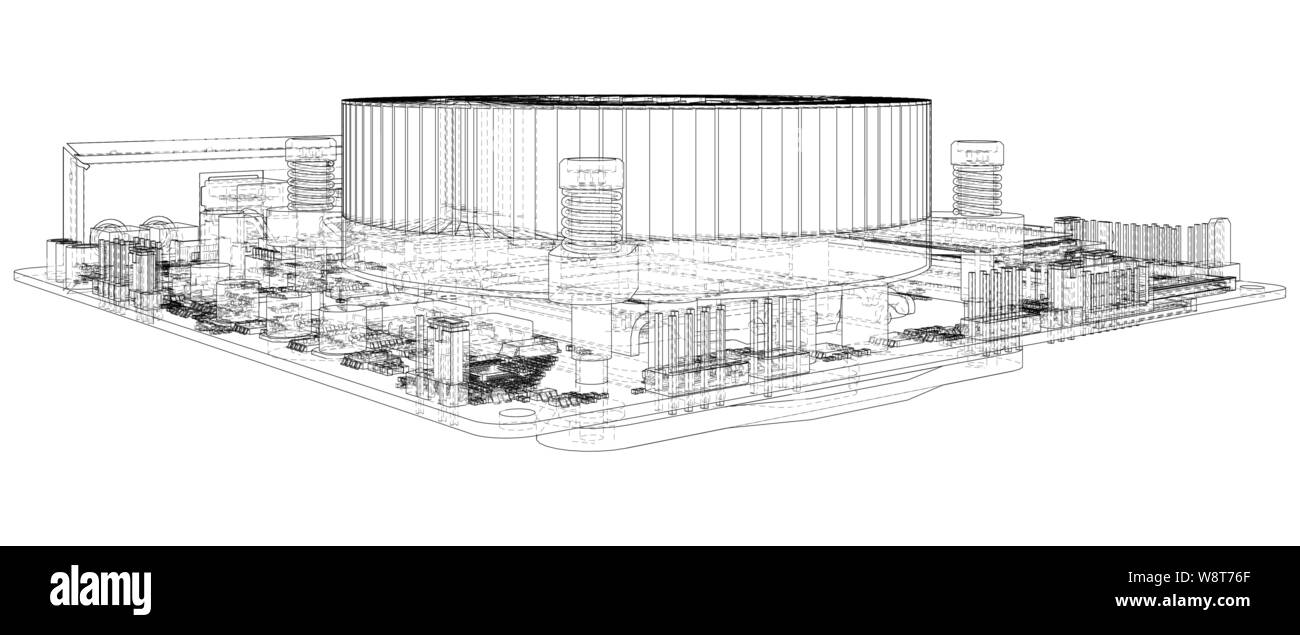 Scheda di circuito elettronico. Illustrazione Vettoriale. Filo-telaio. Illustrazione di tastatura di 3d Illustrazione Vettoriale
