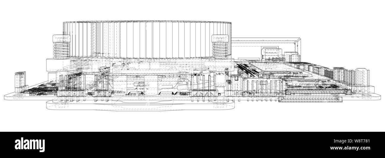 La scheda madre del computer. Scheda madre chip digitale. Vettore di rendering 3D Illustrazione Vettoriale