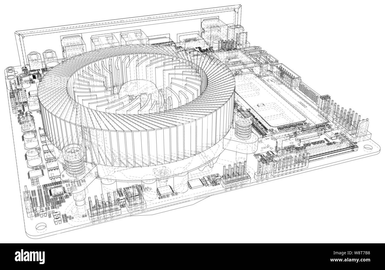 Sfondo tecnologico. CPU su una scheda madre su sfondo bianco. Illustrazione creata di 3d Illustrazione Vettoriale