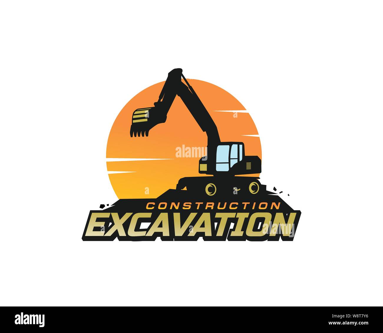 Logo escavatore template vettoriale. Attrezzature pesanti vettore logo per la società di costruzioni. Escavatore creativo illustrazione per logo modello. Illustrazione Vettoriale