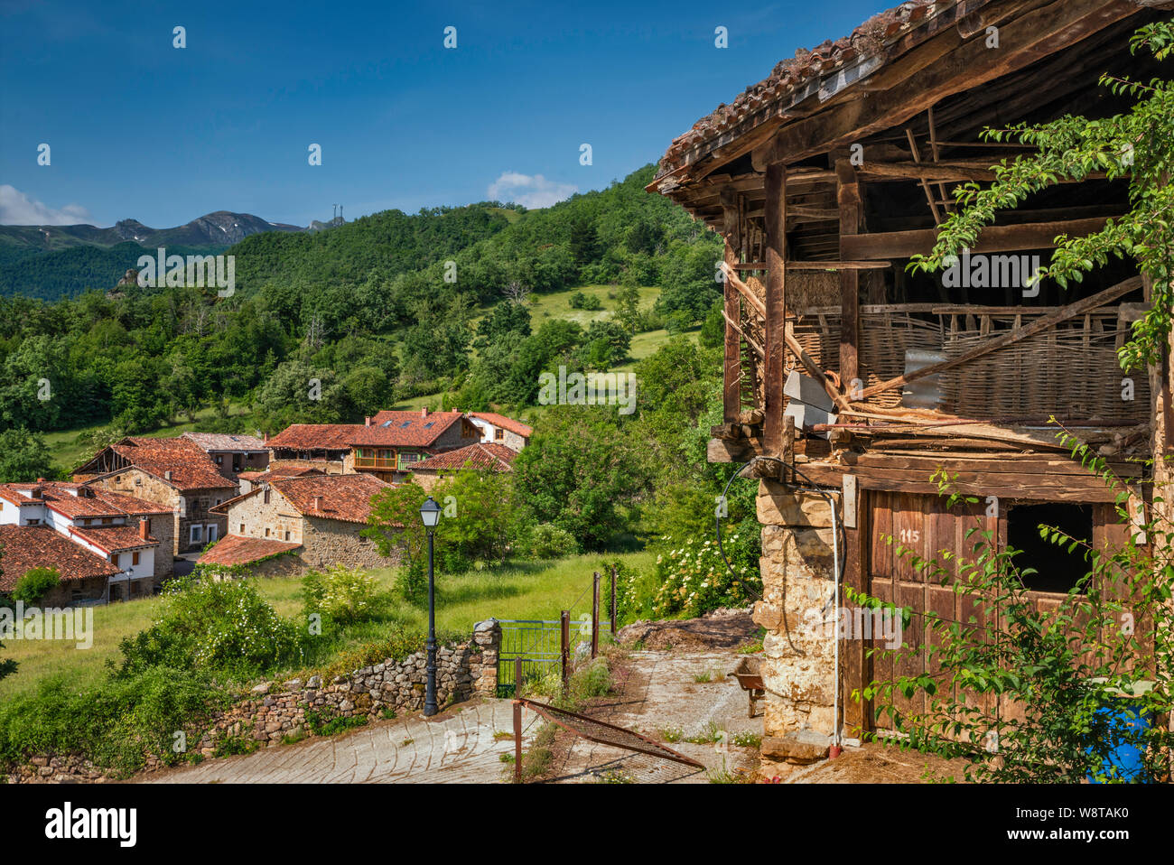Fienile nel villaggio di Mogrovejo nella Valle di Liebana, i Puertos de Salvoron in distanza, a Picos de Europa, Cantabria, SPAGNA Foto Stock