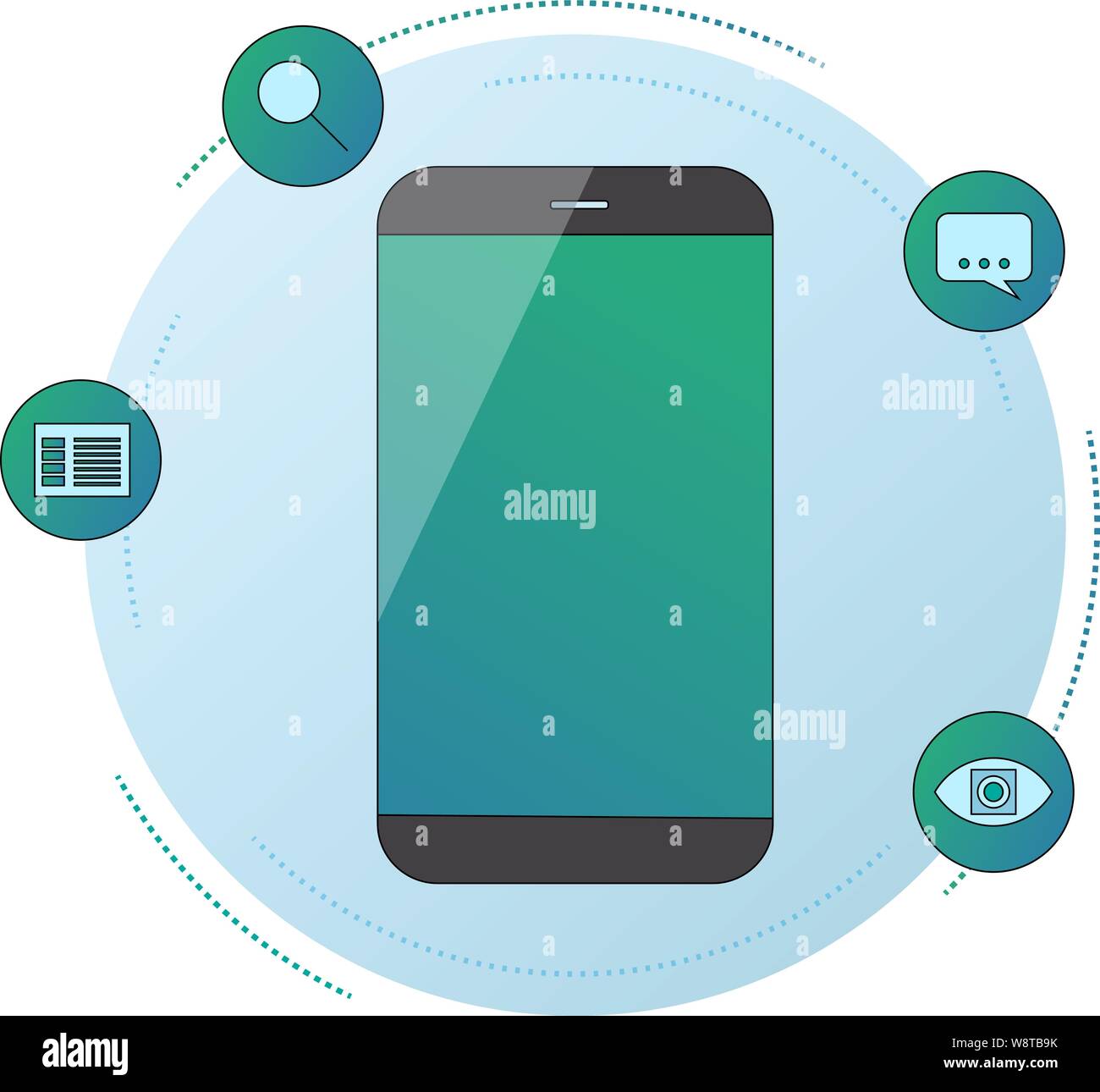 Smartphone con intelligenza artificiale servizi : riconoscimento di immagine e riconoscimento vocale, l'analisi del testo, motore di ricerca. Icone cerchio Illustrazione Vettoriale