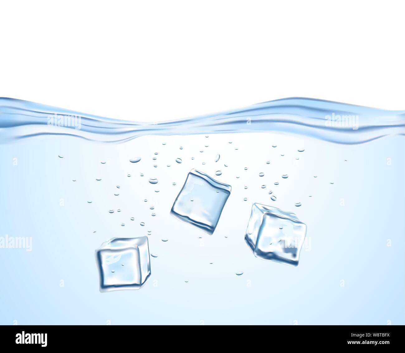 Tre crystal di cubetti di ghiaccio che gettate in blu chiaro e acqua fresca. Guardando il vettore realistico con sfondo bianco Illustrazione Vettoriale