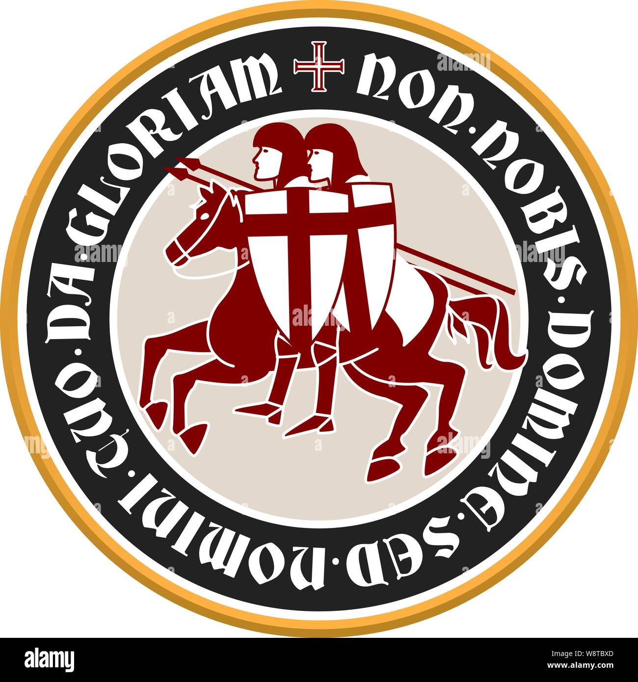 Non a noi, Signore. Ma dare gloria al tuo nome. Illustrazione Vettoriale. Templar emblema circolare con testo in latino e i cavalieri e croce. Illustrazione Vettoriale