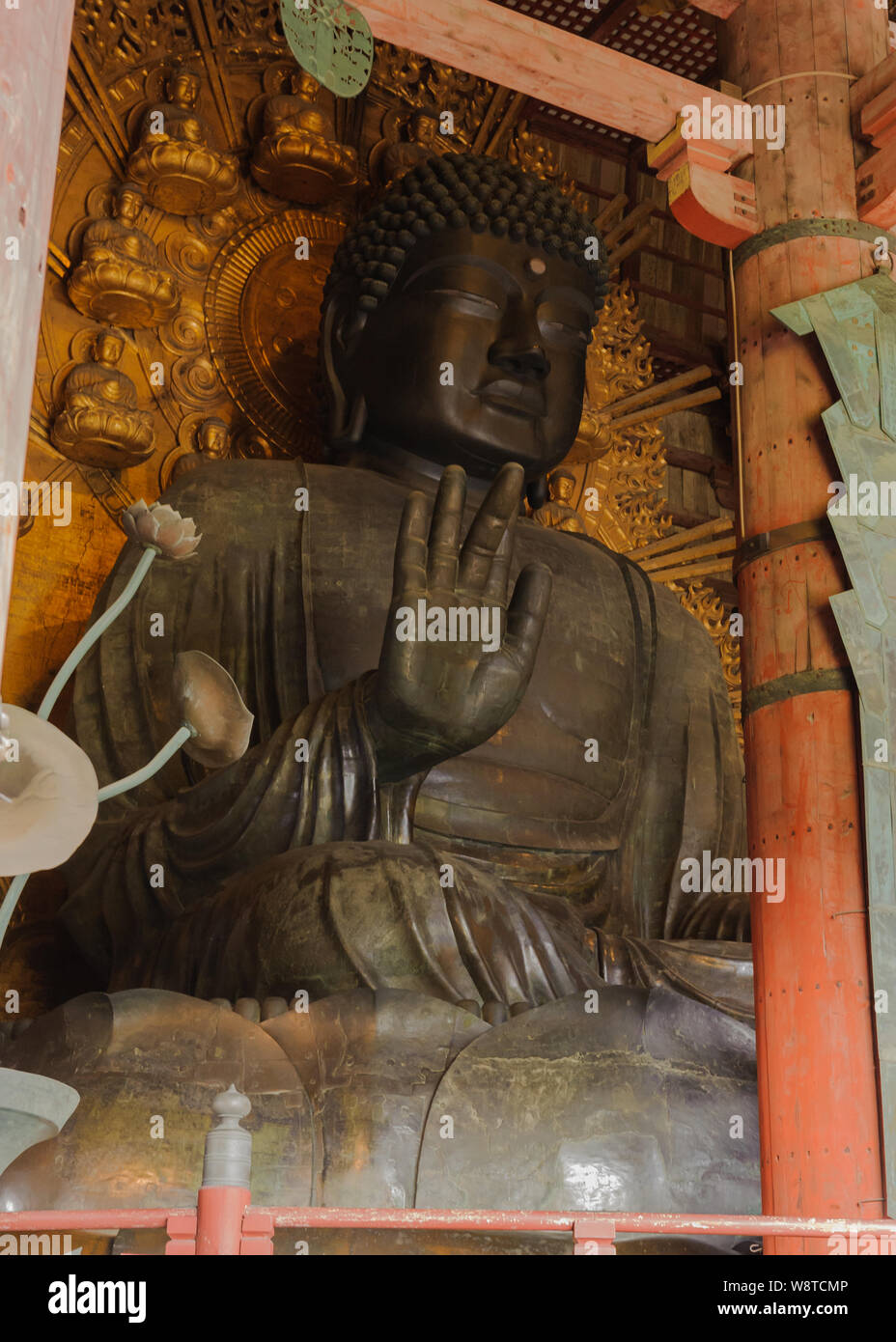 Imponente statua della grande statua del Buddha, Daibutsu, in Naras Todaiji mostra giapponese tradizionale illustrazione con ricchi dettagli, Giappone Novembre 2018 Foto Stock