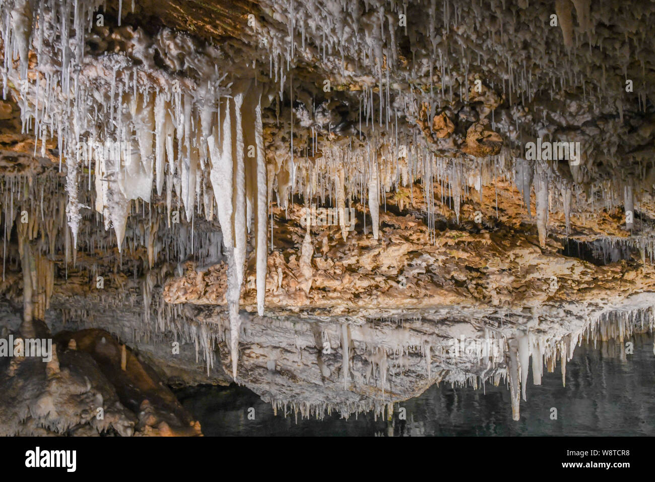 La Grotta dei Cristalli Bermuda - attrazione turistica in Hamilton Bermuda - acqua cristallina & lago sotterraneo - calcare stalattiti e stalagmiti Foto Stock
