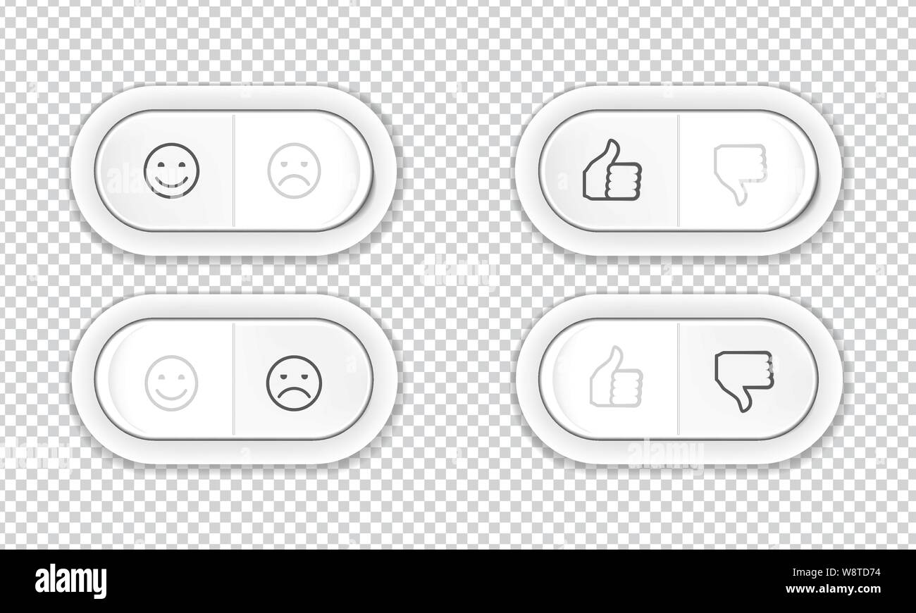 Set di pulsanti con sorrisi e simili e antipatia. Può essere utilizzato nel sondaggio sociale o reti sociali, nella progettazione web ui. Il cliente può scegliere come o antipatia. Illustrazione Vettoriale