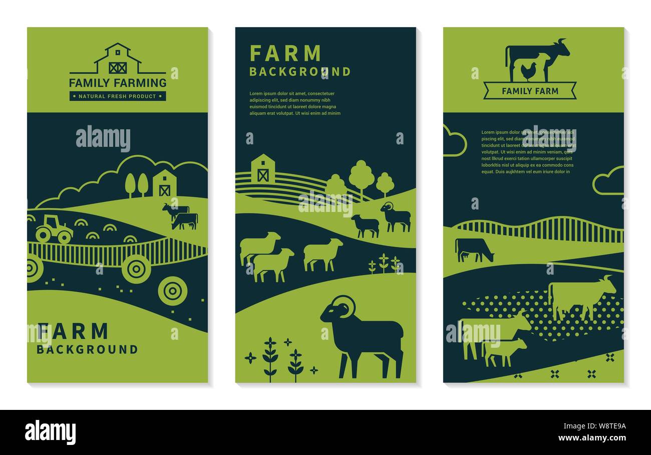 Set di vettore banner su temi rurali, agriturismo, sullo sfondo delle aziende agricole a conduzione familiare. Illustrazione Vettoriale