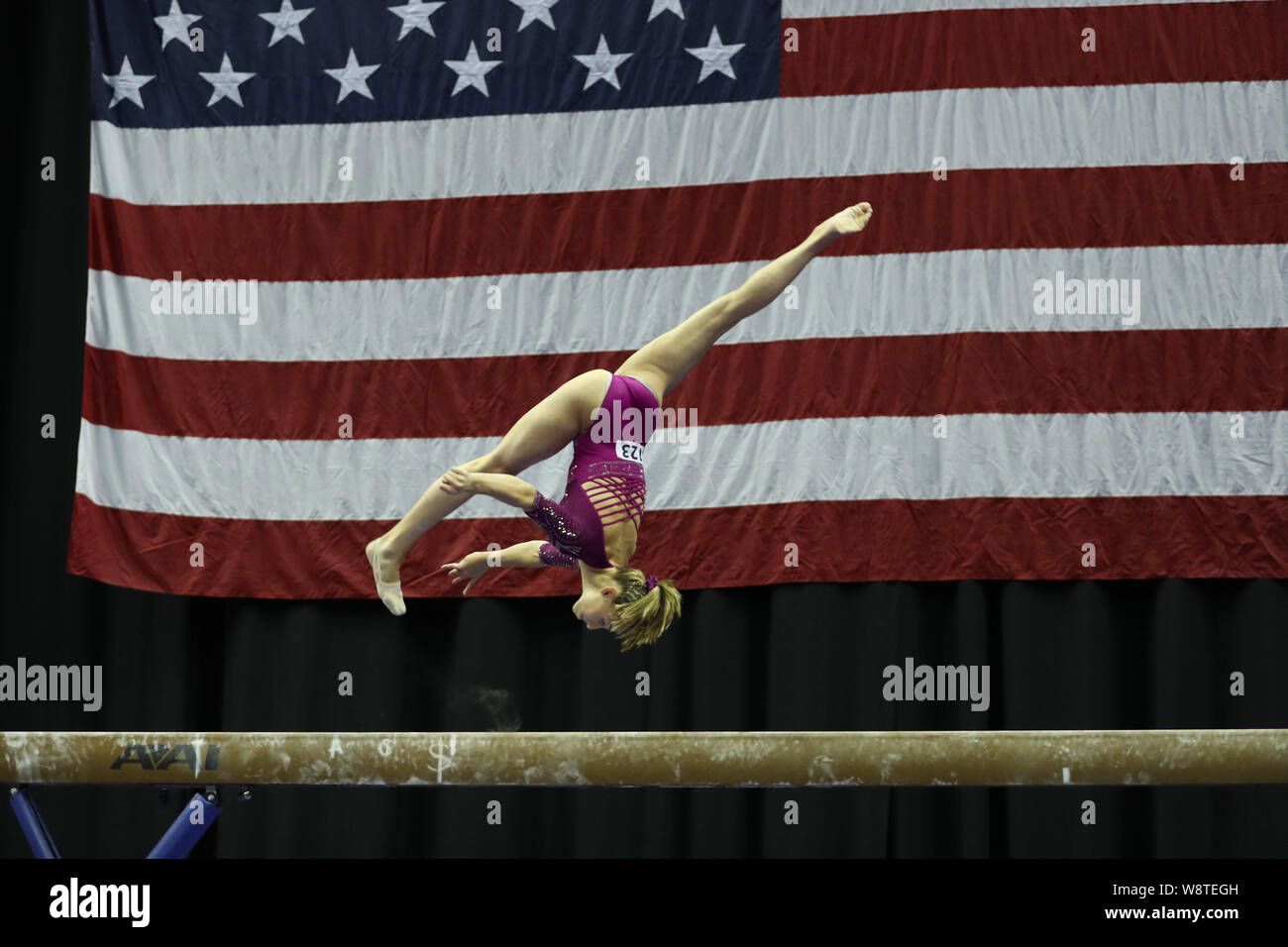 9 agosto 2019: ginnasta Olivia ciccioli compete durante il giorno una delle junior donna della concorrenza al 2019 noi campionati di ginnastica, svoltasi a Kansas City, MO. Melissa J. Perenson/CSM Foto Stock