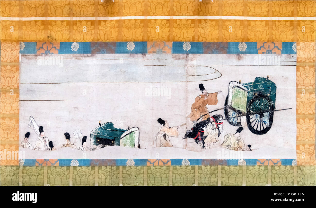 Segmento di un illustrato scorrere del racconto di Sagoromo, colore su carta, periodo Kamakura, del XIV secolo e il Museo Nazionale di Tokyo, Giappone Foto Stock